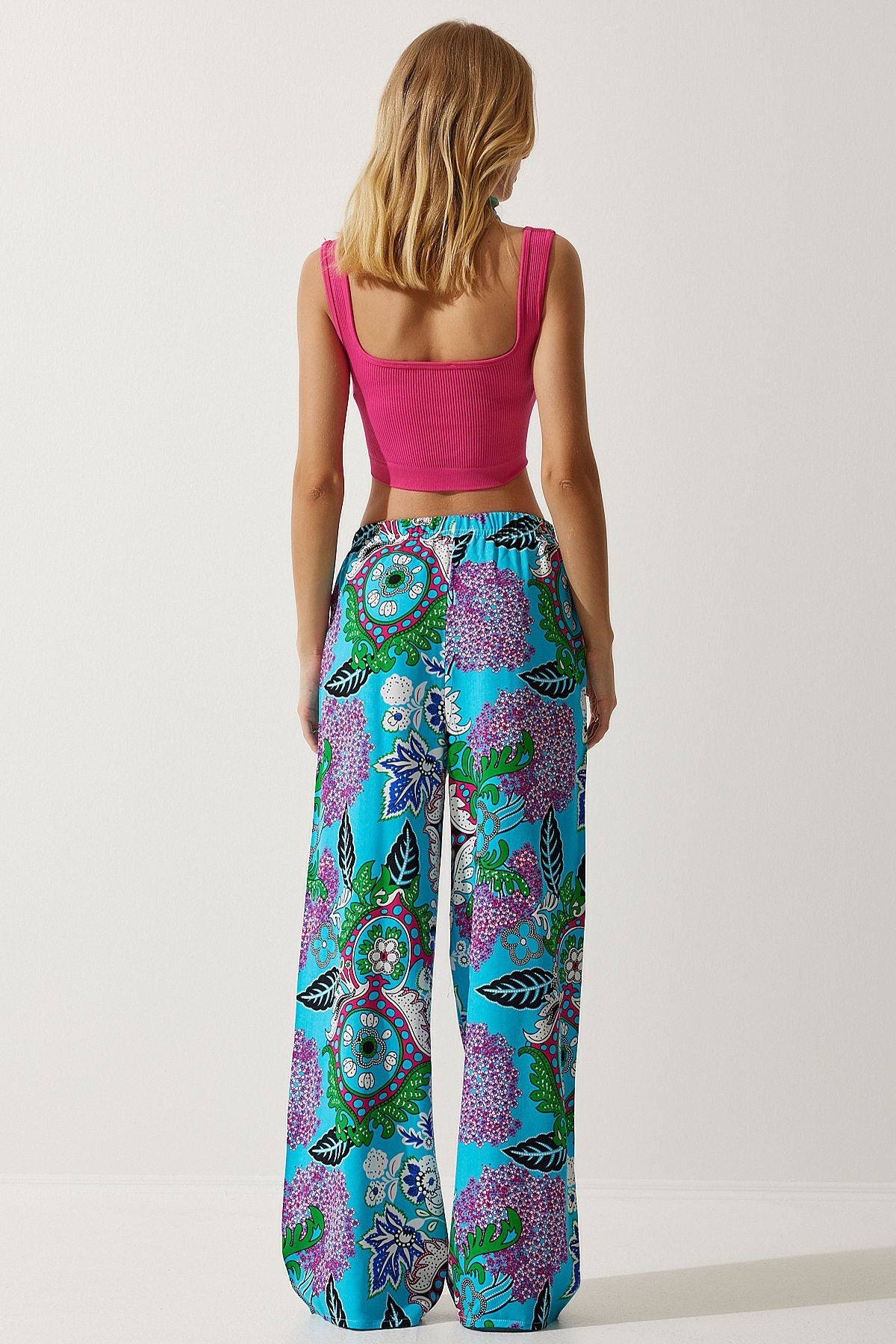 Female turquoise patterned viscose palazzo pants EN00606