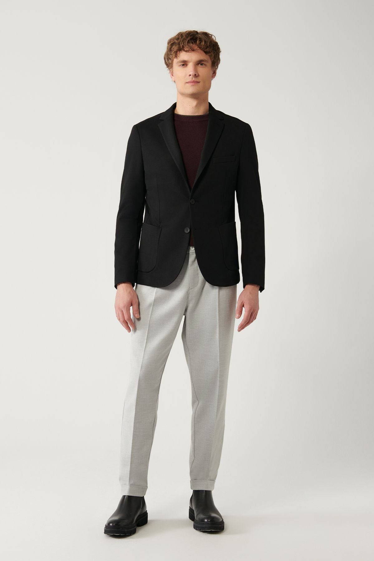 Men's black mono collar dual slit lined knitting jacket B004001
