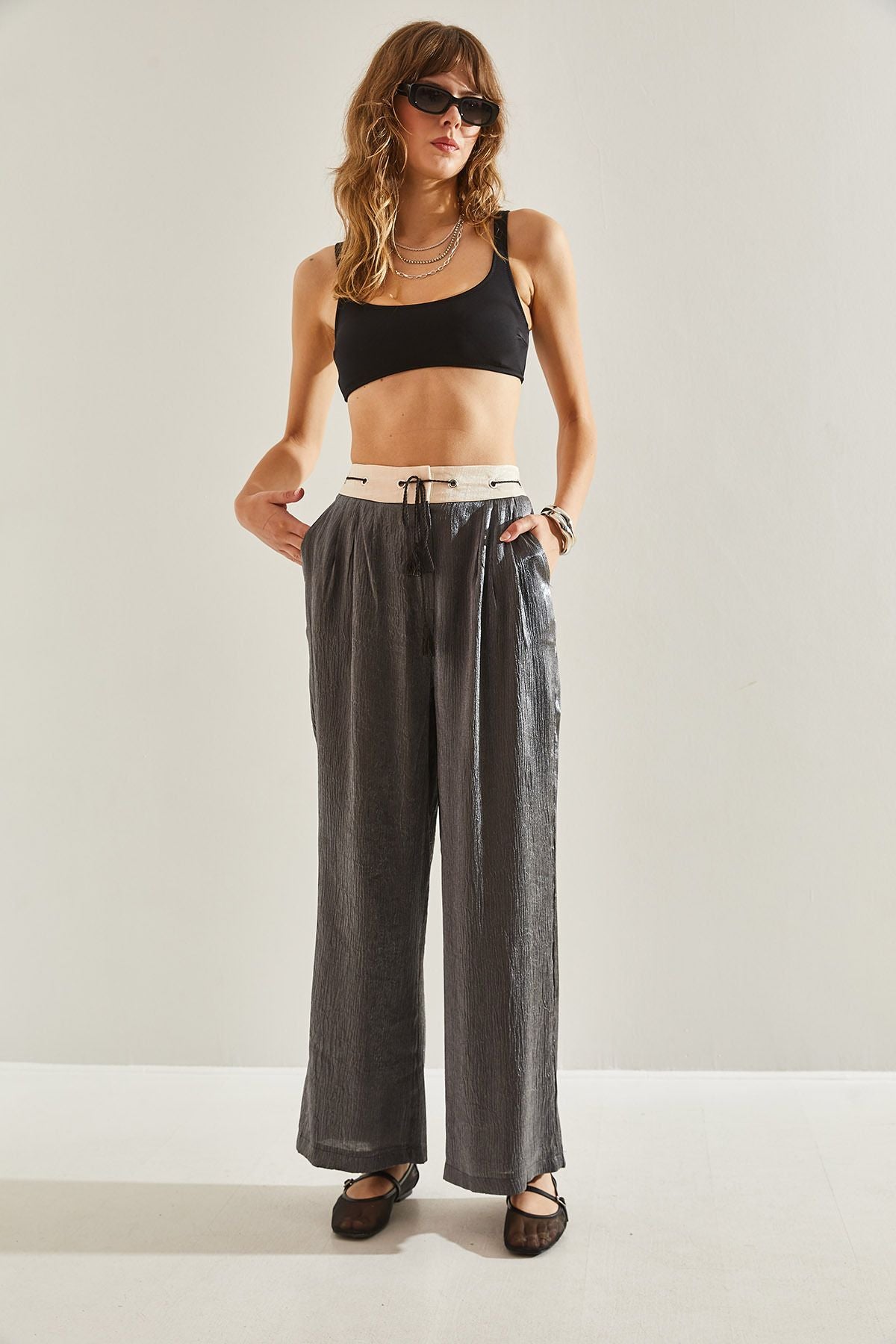 Female Baglama Rope Detailed Yüksel Bel Jacquard Palazzo Pants 60251119
