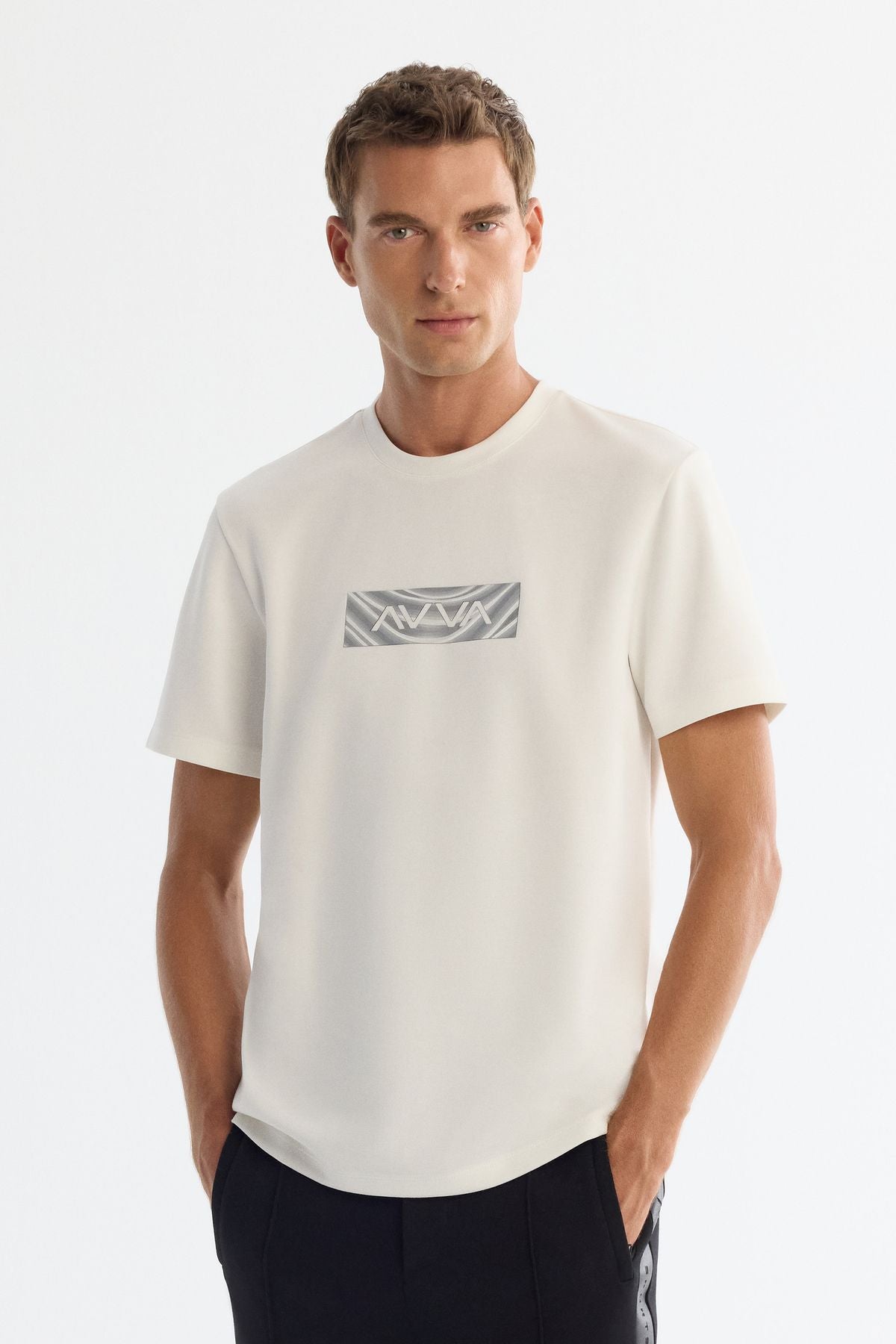 Men's Ecru Bicycle Collar Printed Elastan T-Shirt A42y1007