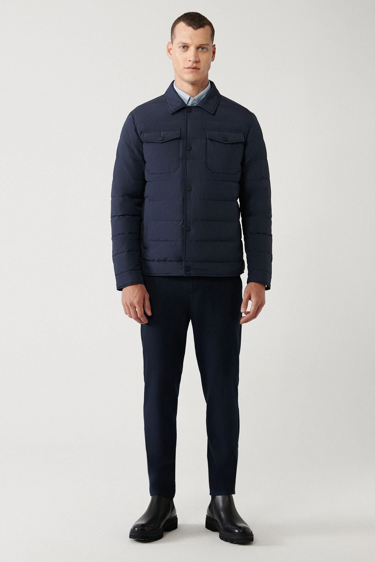 Men's navy blue goose feather water printer and windproof classic collar coat A32y6022