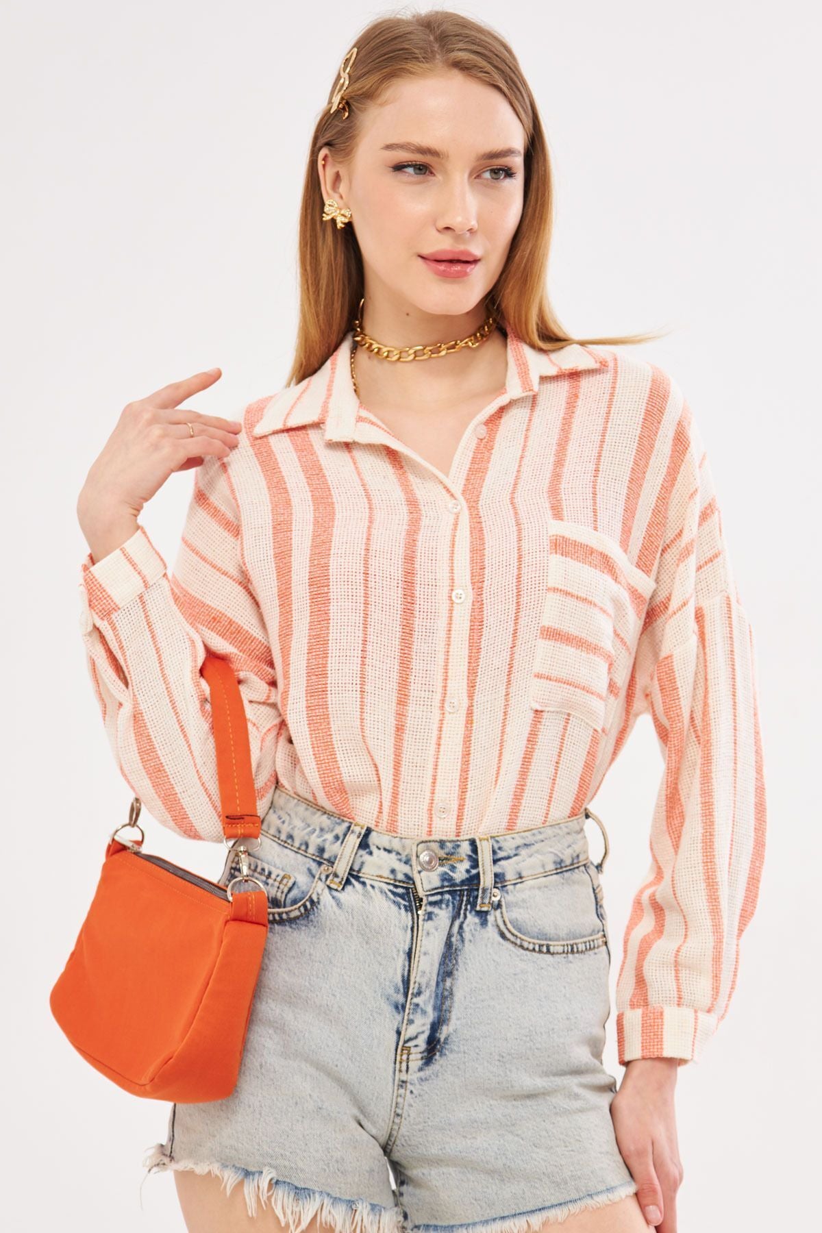 Women's Orange Long Sleeve Pocket Detailed Ristle Pleated Striped Oversizer Shirt ARM-24Y001053
