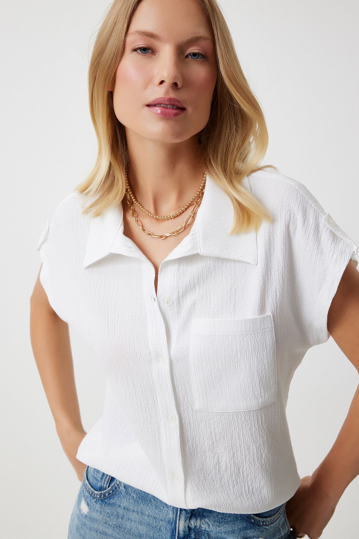 Female Ecru Pocket Casual Knitting Shirt DD01325