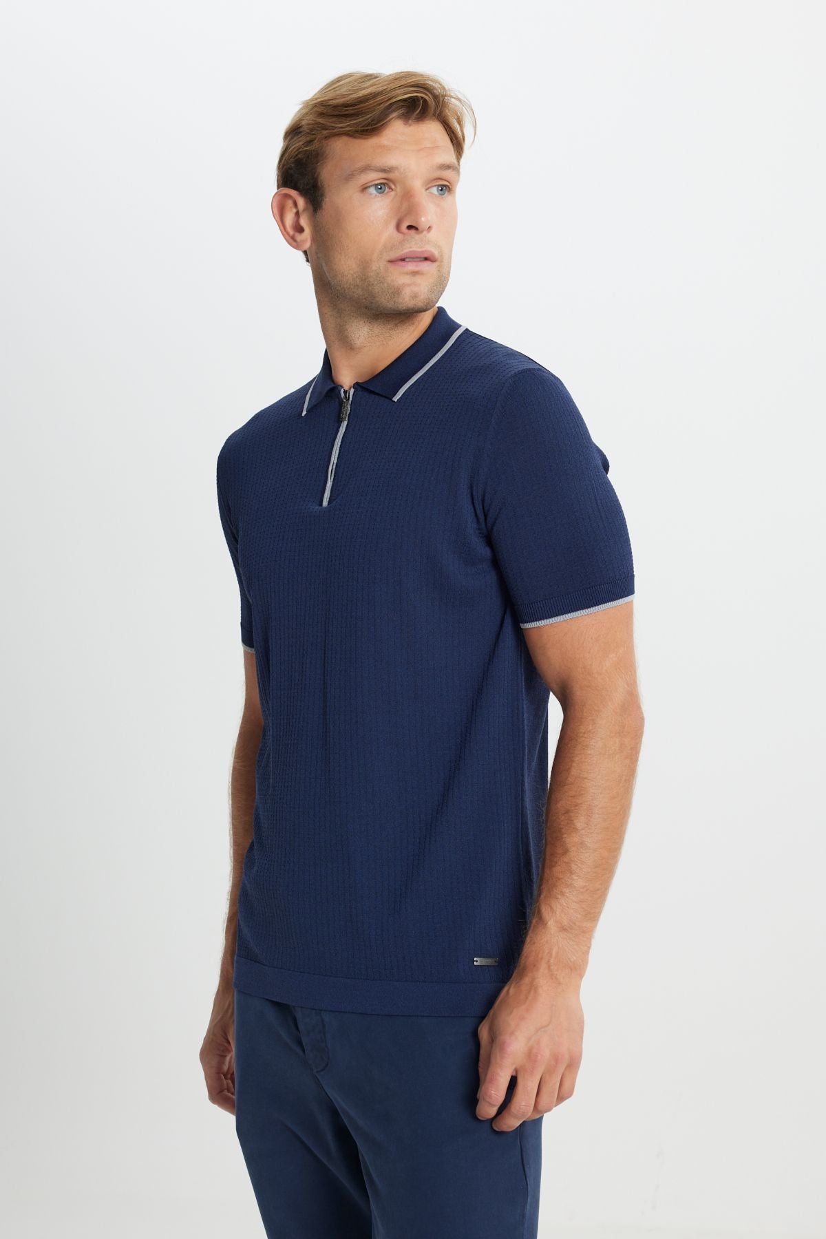 Men's navy blue-gray standard fit normal cut Polo Yaka Jacquar