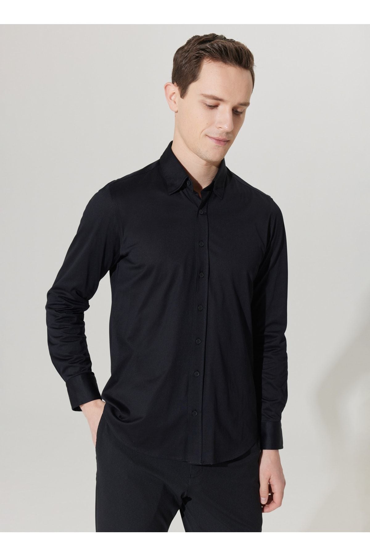 Men's Black Slim Fit Narrow Cut Hidden button collar 100 %cotton shirt