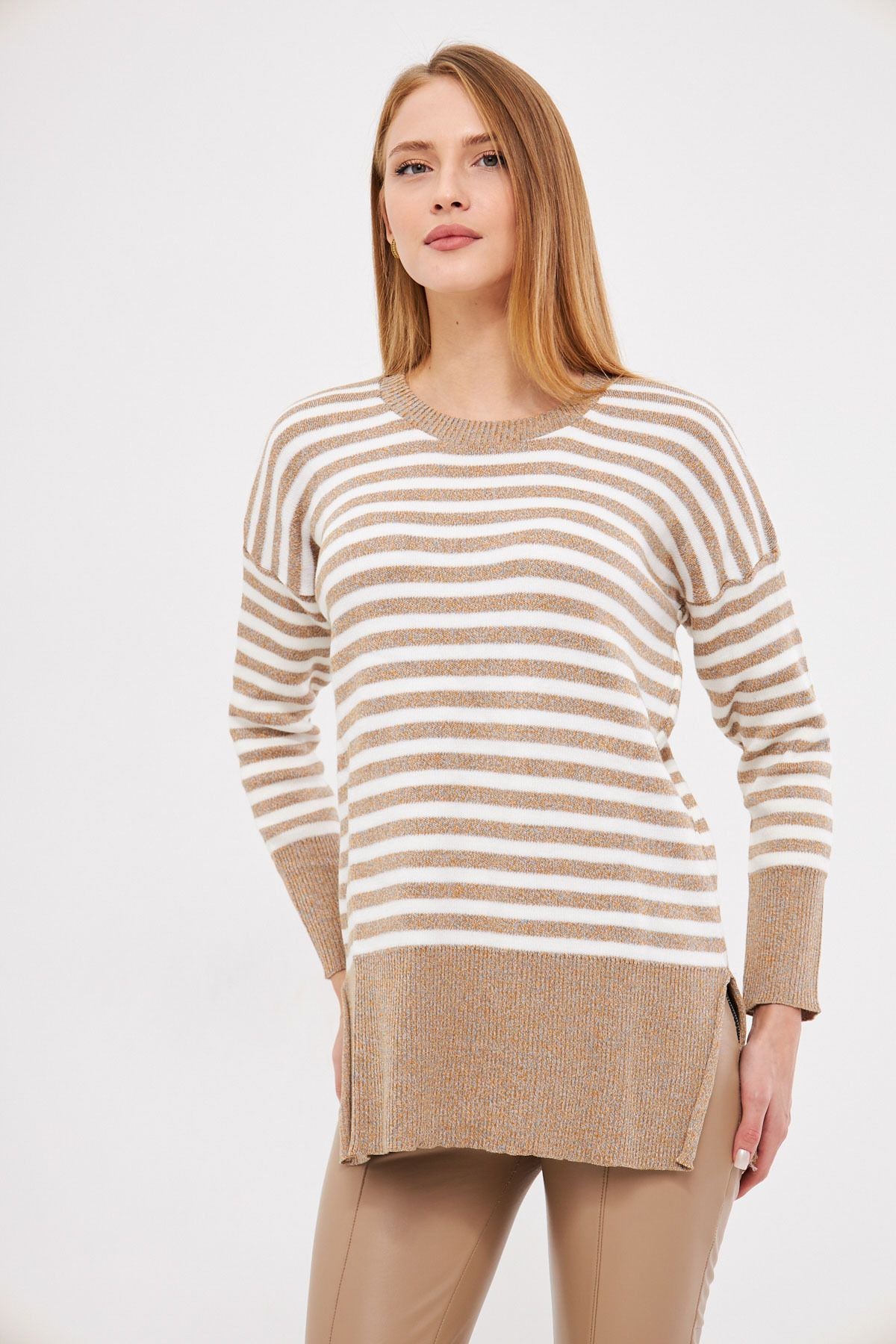 Female mink round collar striped knitwear sweater ARM-24K012013