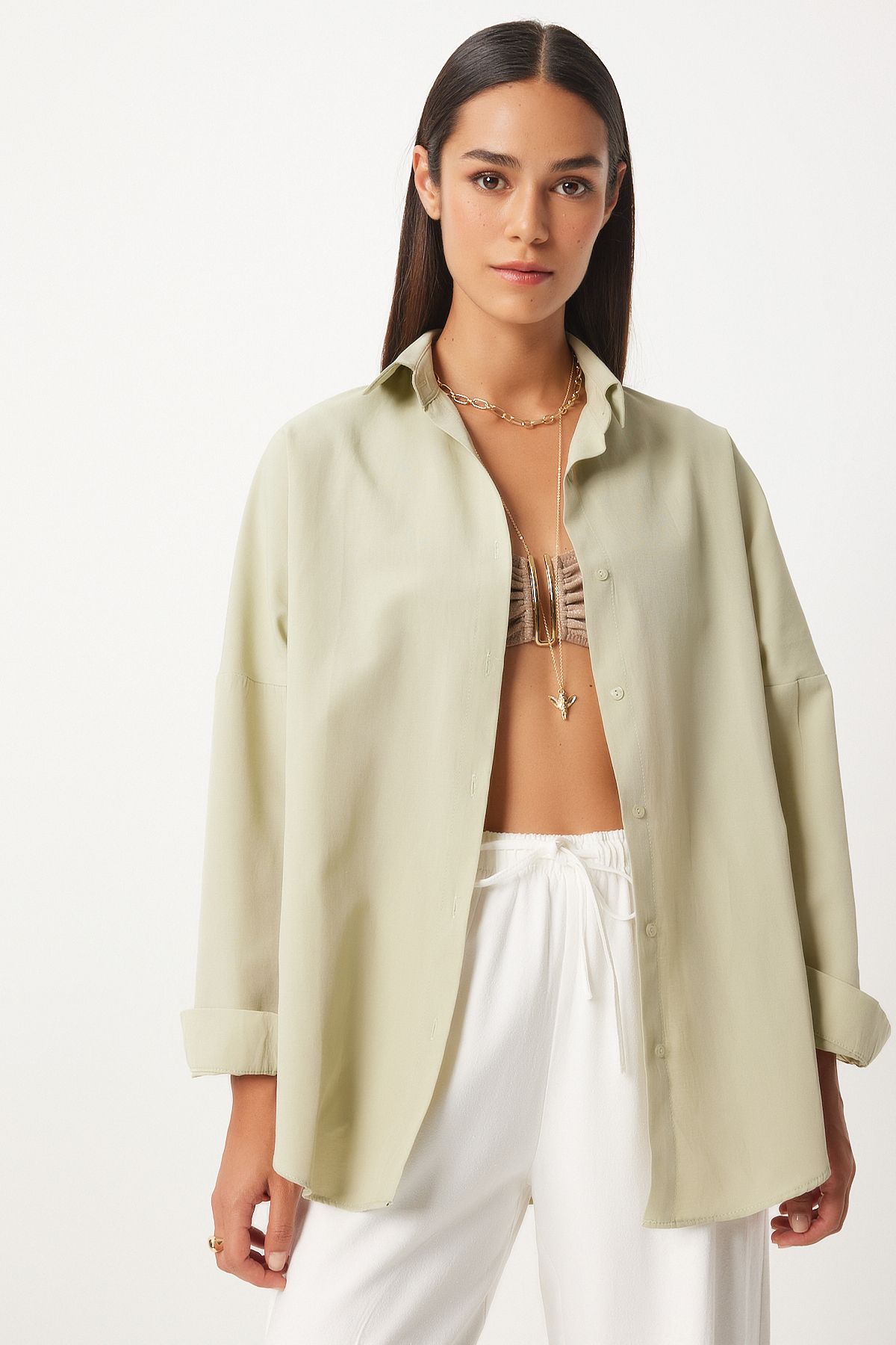 Woman Open Khaki Oversize Long Basic Shirt DD00842