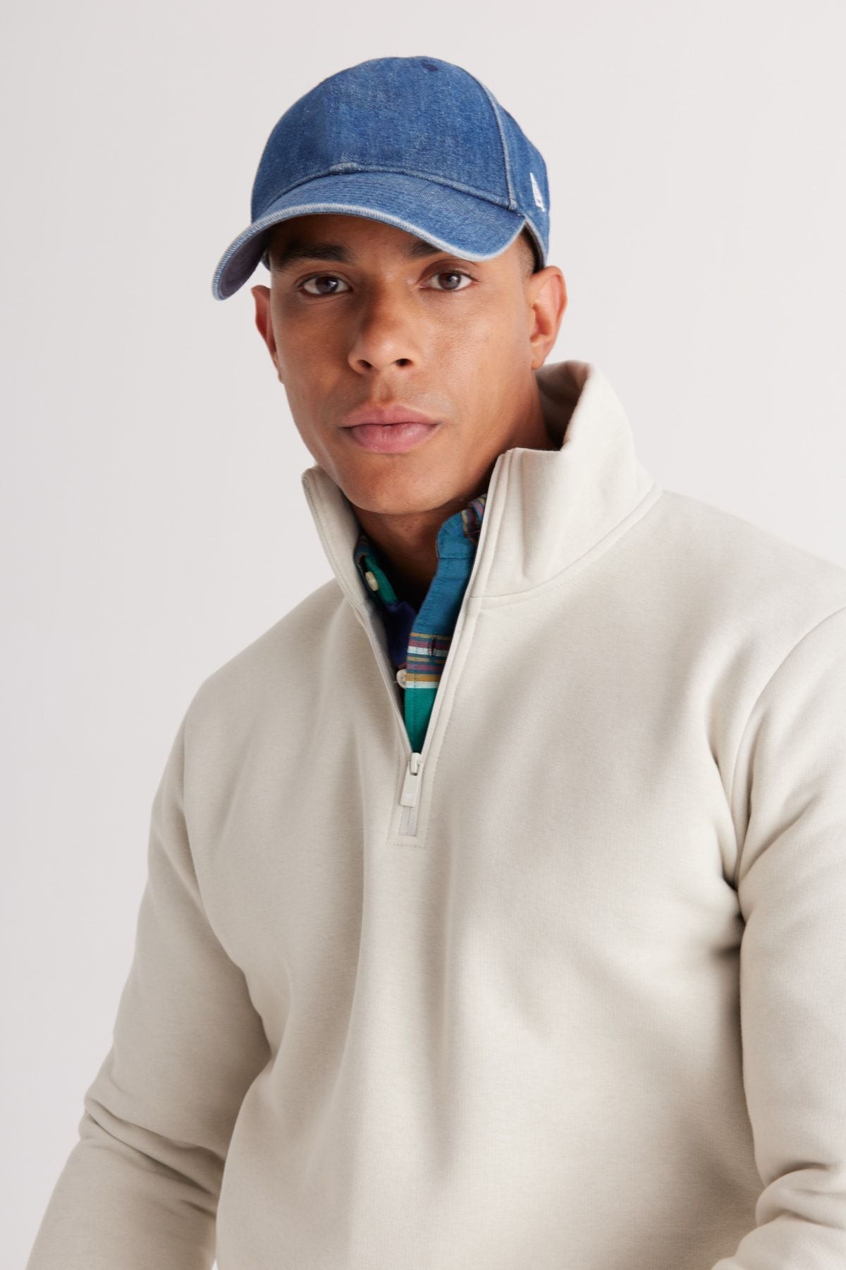 Men's beige flee standard fit Normal cut upright bato collar cotton sweatshirt