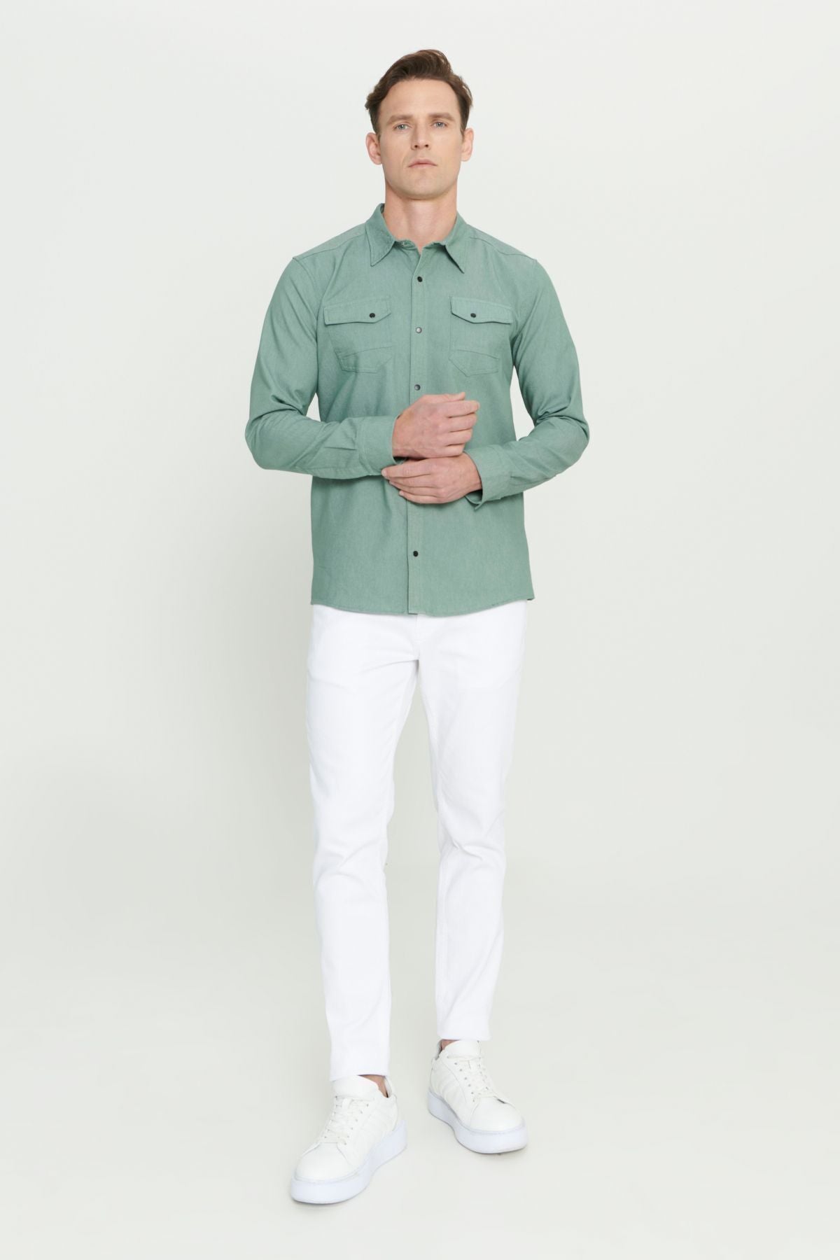Men's green slim fit narrow cut classic collar cotton shirt