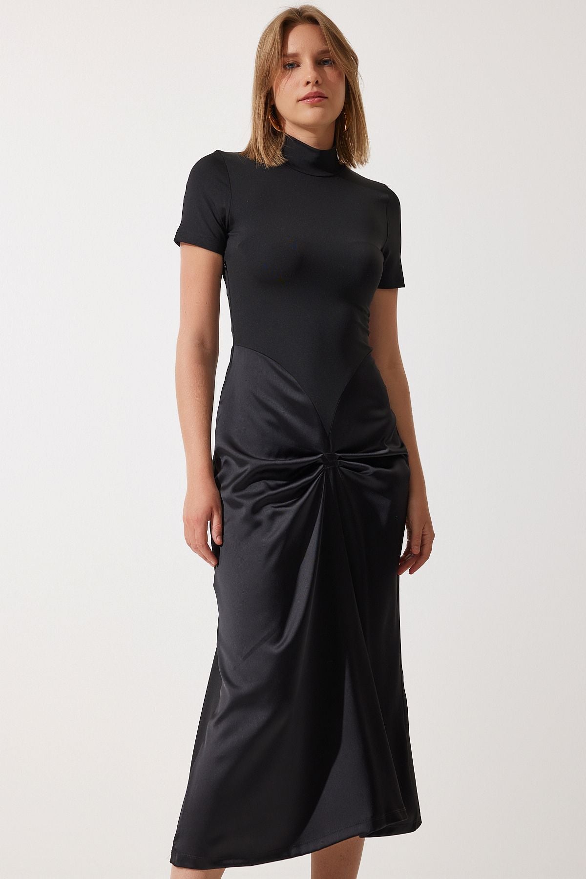 Female Black Shirred Satin Detailed Stylish Knitting Dress KJ00011