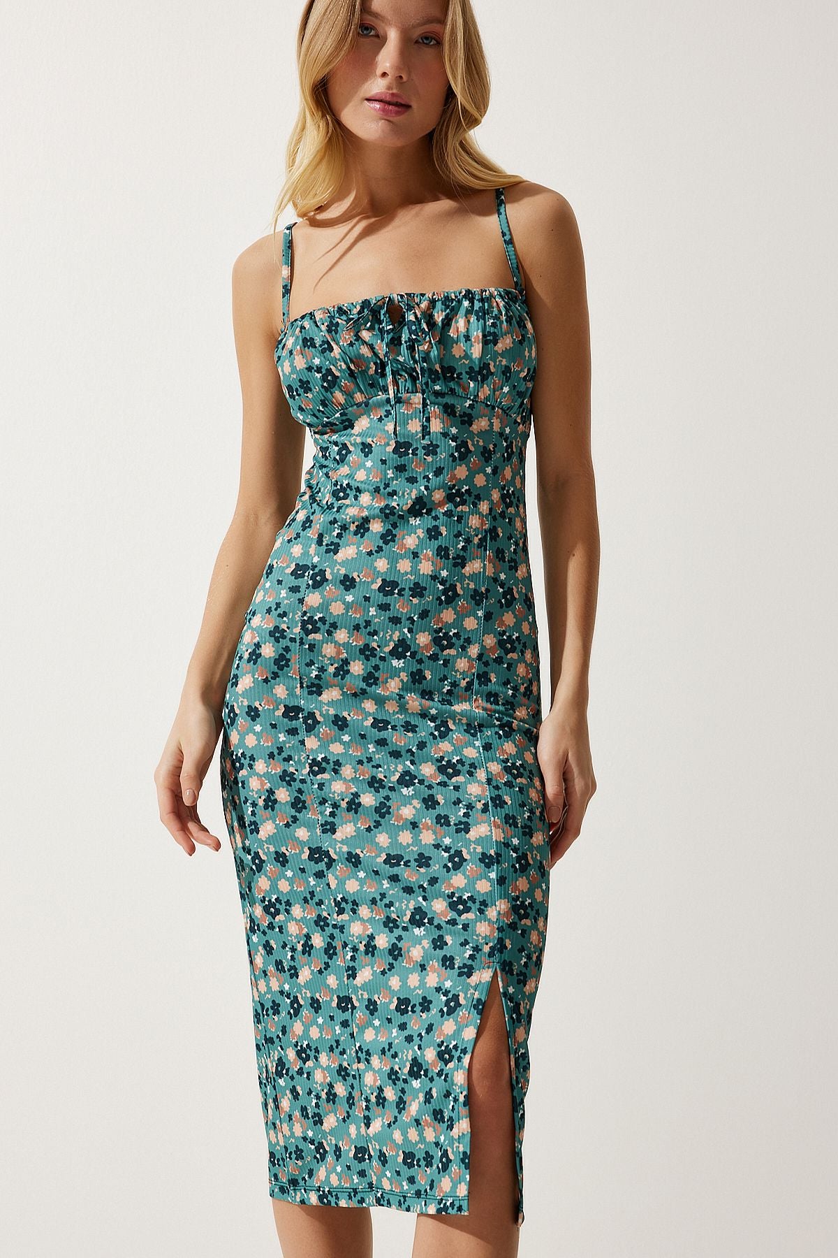 Women's oil green floral slit knitted dress CI00029