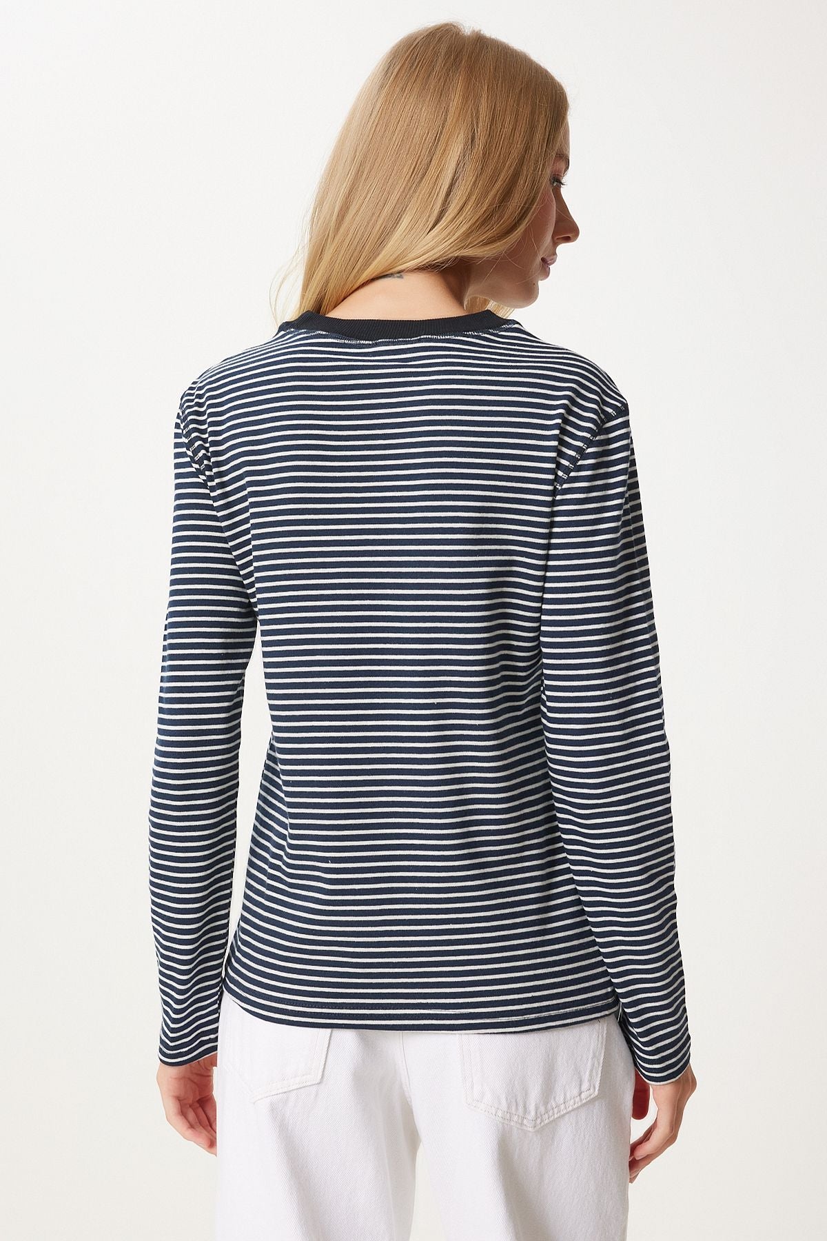 Woman Navy blue striped cotton basic knitted blouse NJ00156
