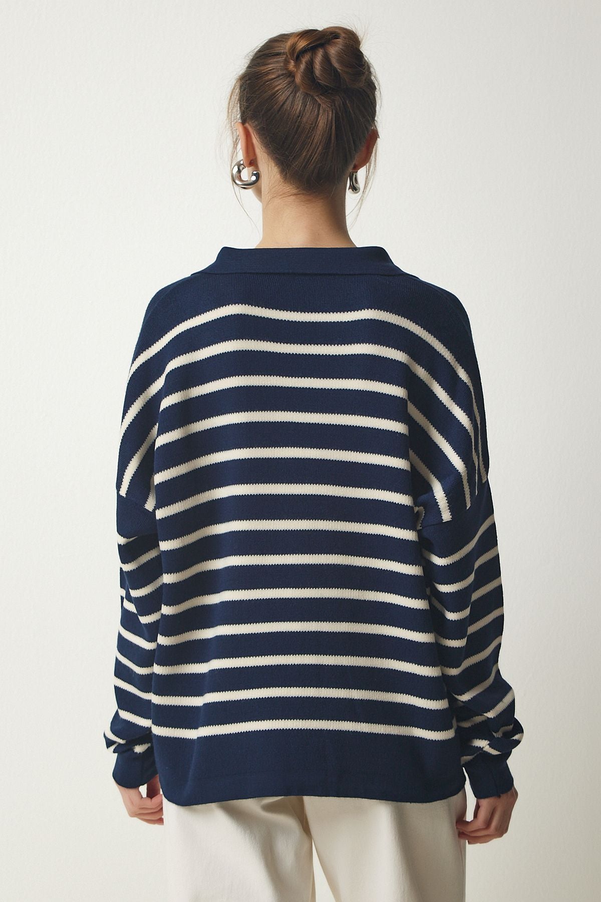 Woman Navy Blue Polo Yaka Crop knitwear sweater US00293
