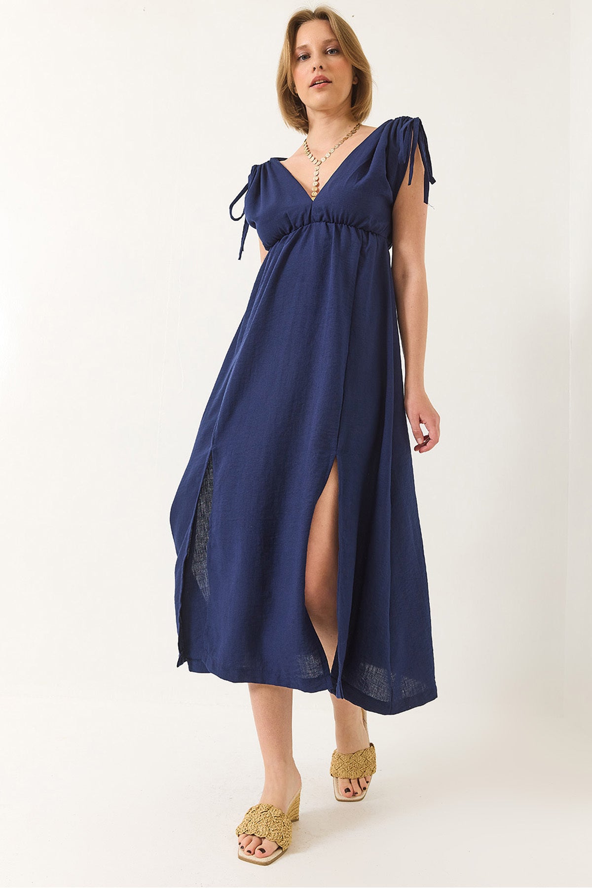 Women's V-Neck, Elastic Waist, Slit, Tie Detail, Linen Textured Dress 437 60283175