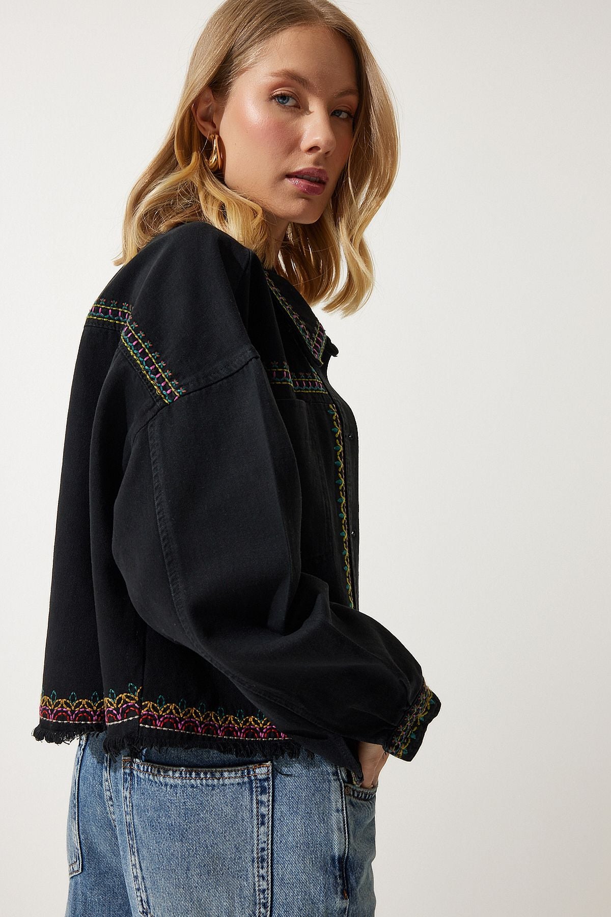 Female Black Embroidered Tassel Oversize denim jacket sa00018