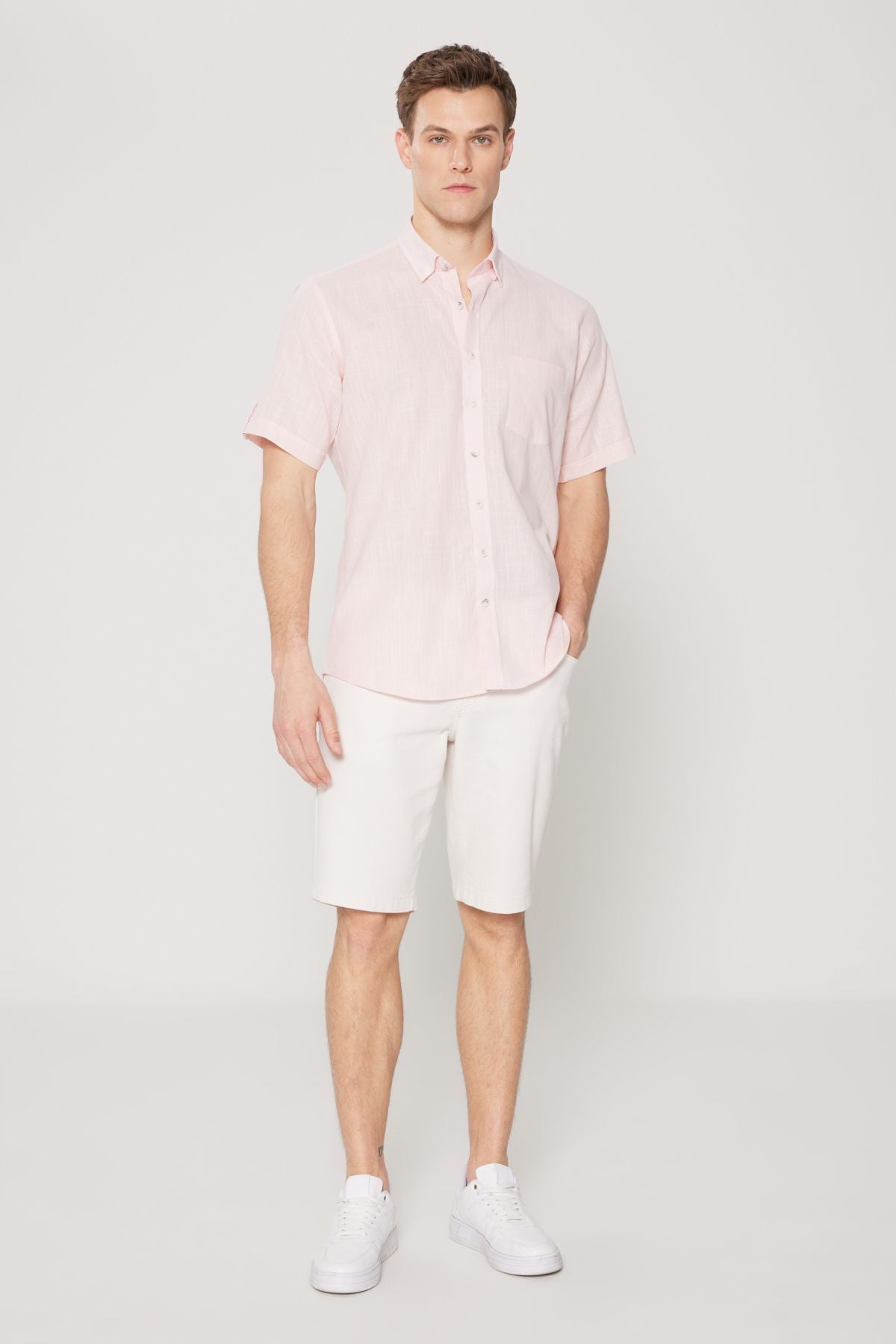 Men's Pink Comfort Fit Casual Cutting Buttoned Neck Linen Looking 100 %Cotton Short Sleeve Shirt