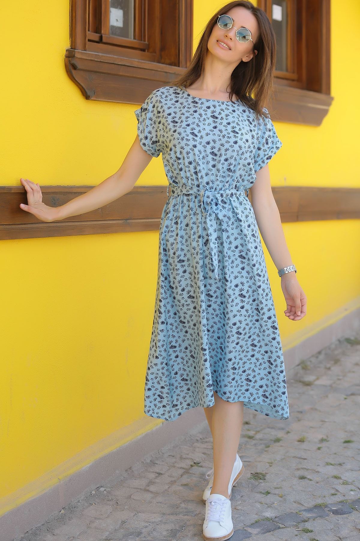 Woman Baby Blue Patterned Waist Waist Tied Dress ARM-18Y001121