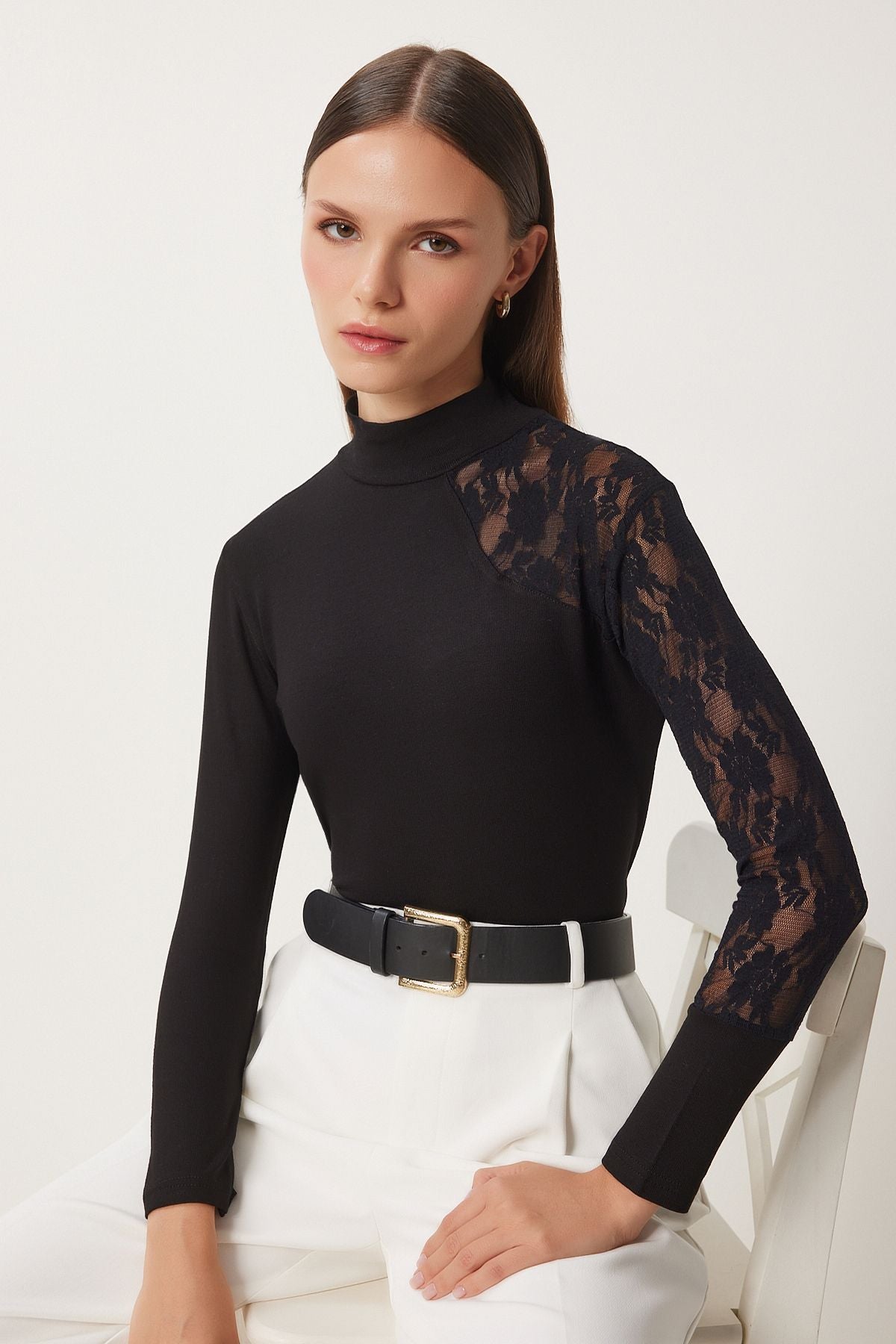 Female black fisherman collar lace wick knitted blouse EN00627