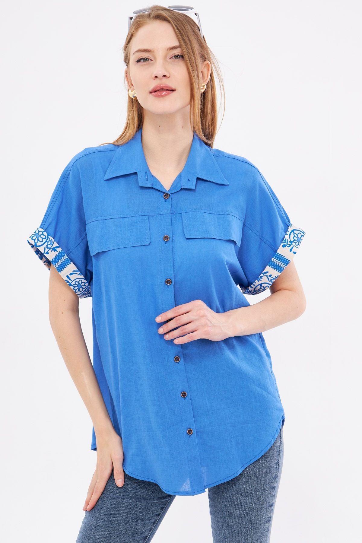 Woman Blue Oversize double arm detailed shirt ARM-24Y001075