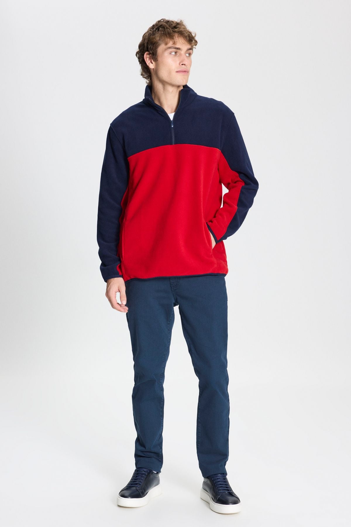 Men's navy blue-red standard fit Normal cut daily comfortable double color polar sports sweatshirt