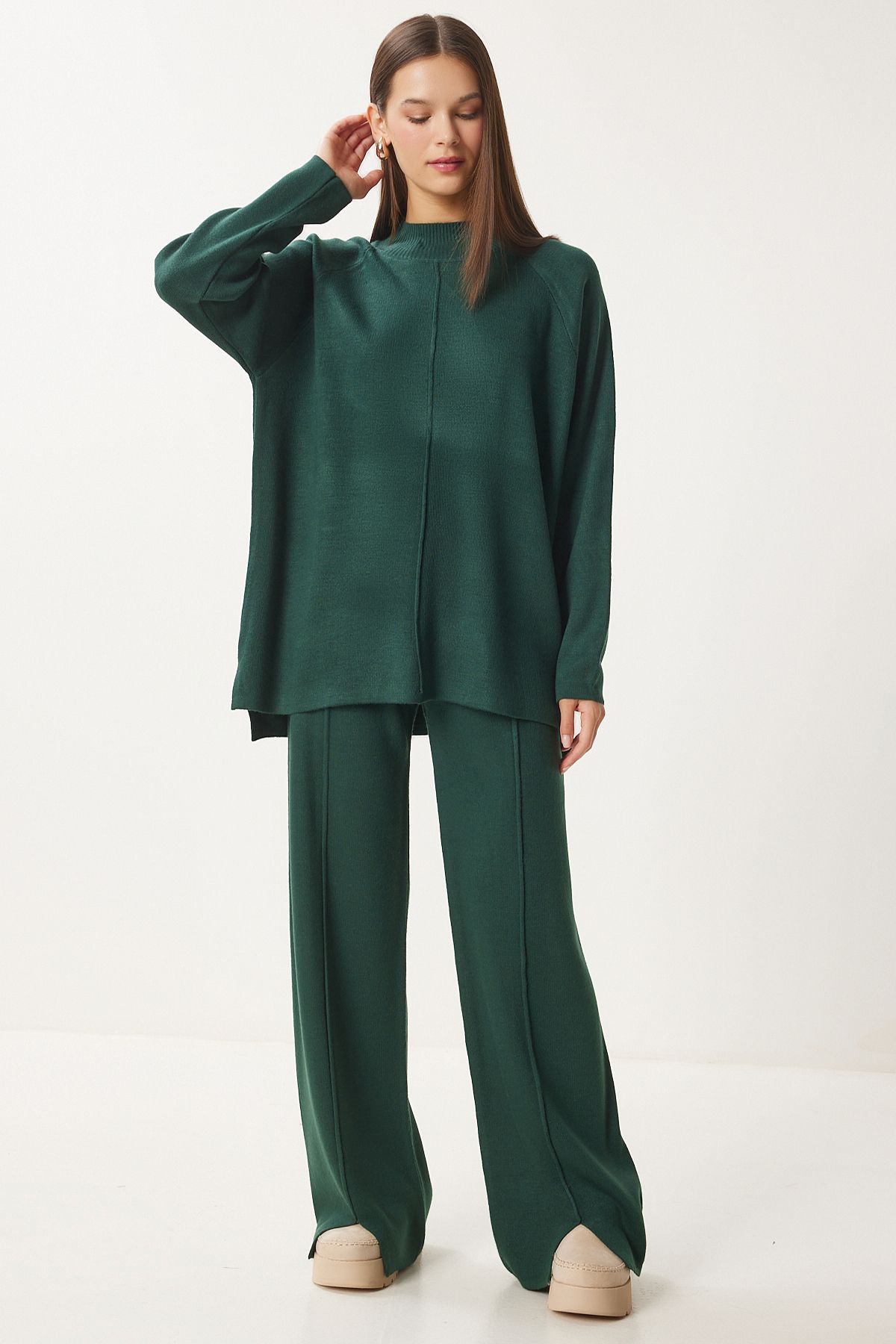 Female emerald green stylish knitwear sweater pants set mu00012