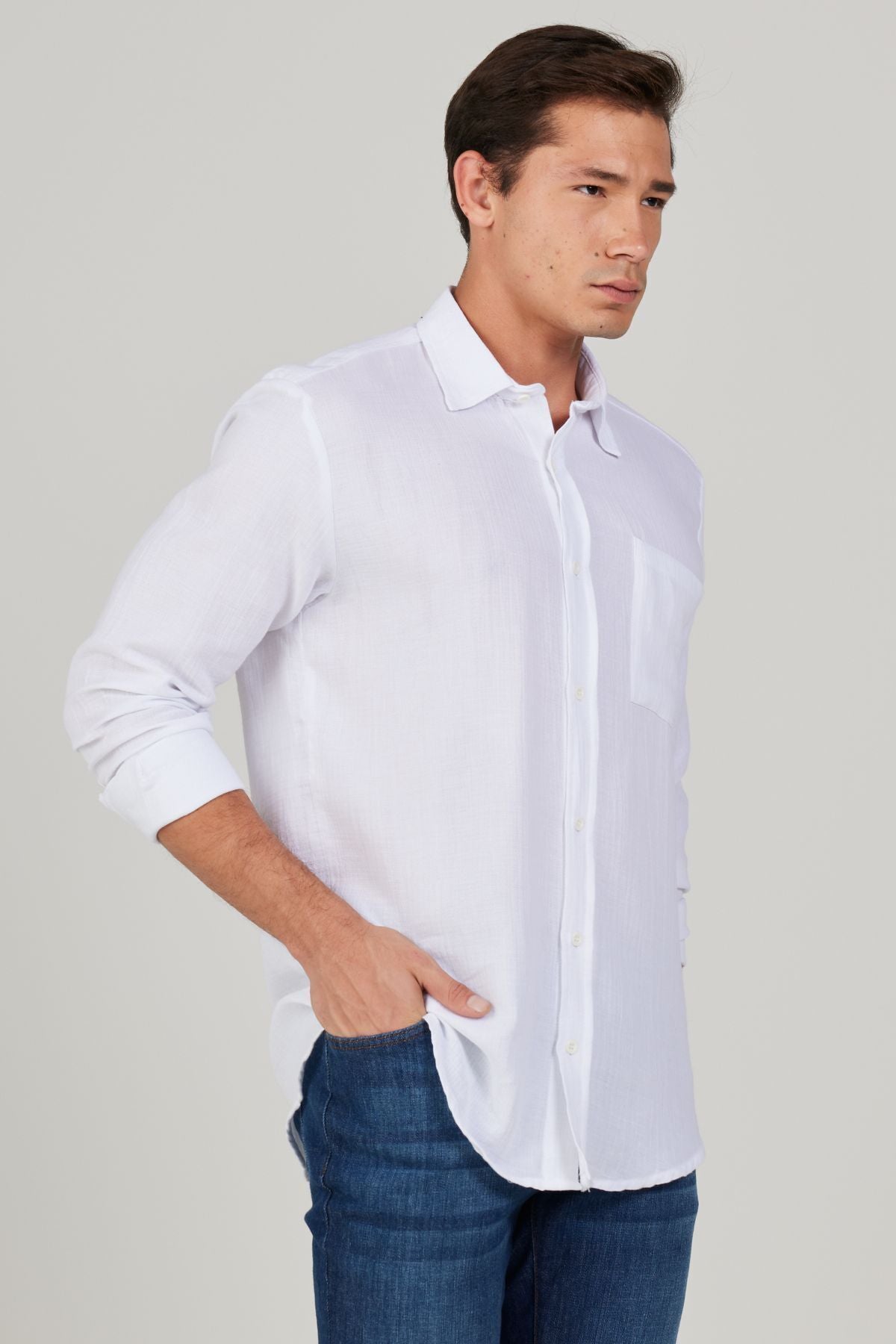 Men's White Comfort Fit Wide Classic Collar 100 %Cotton Muslin Shirt