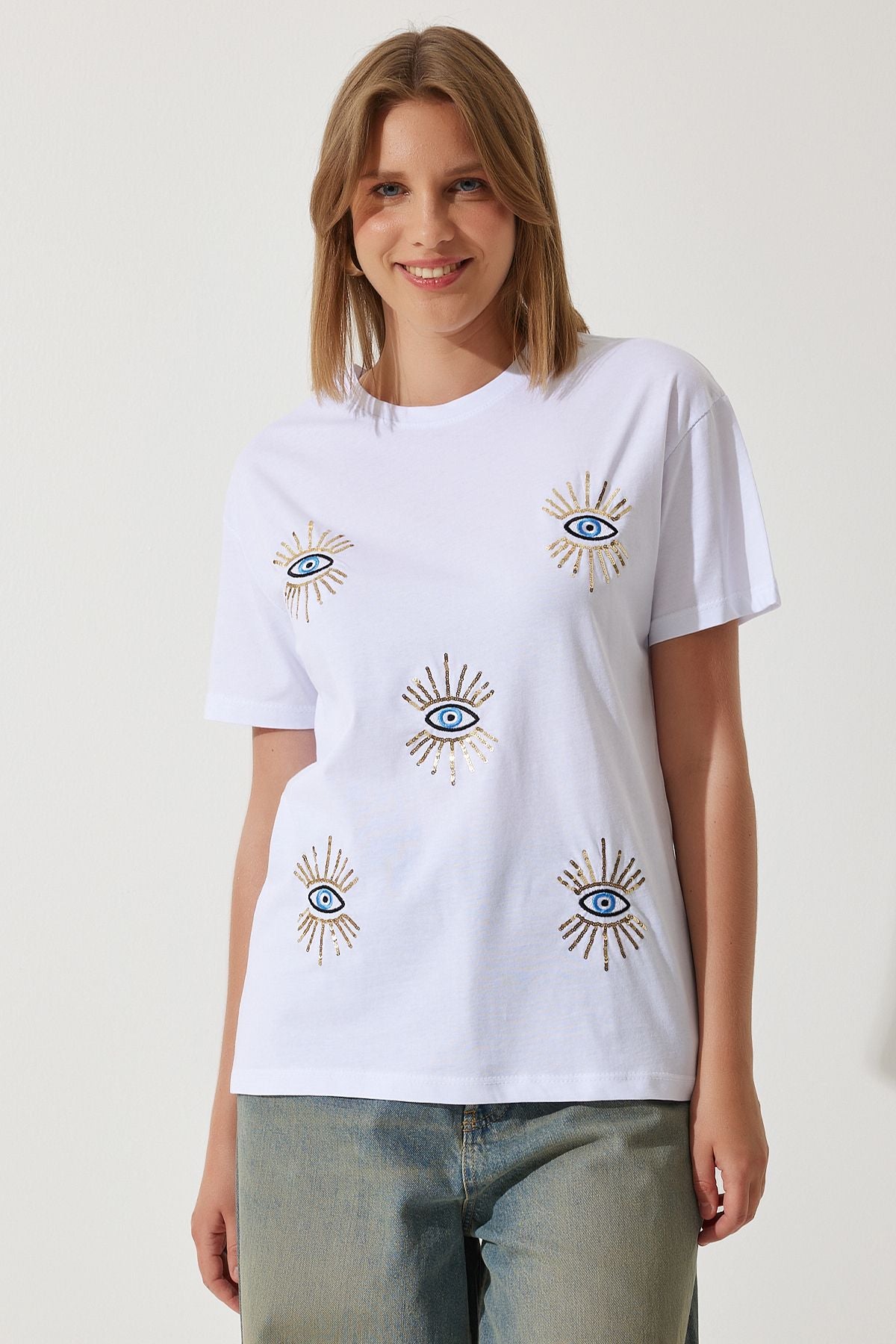WOMEN WHITE SCREEN ENGLISH ENGLISE OVERSESSE COTTON KNITTED T-SHIRT MP00027