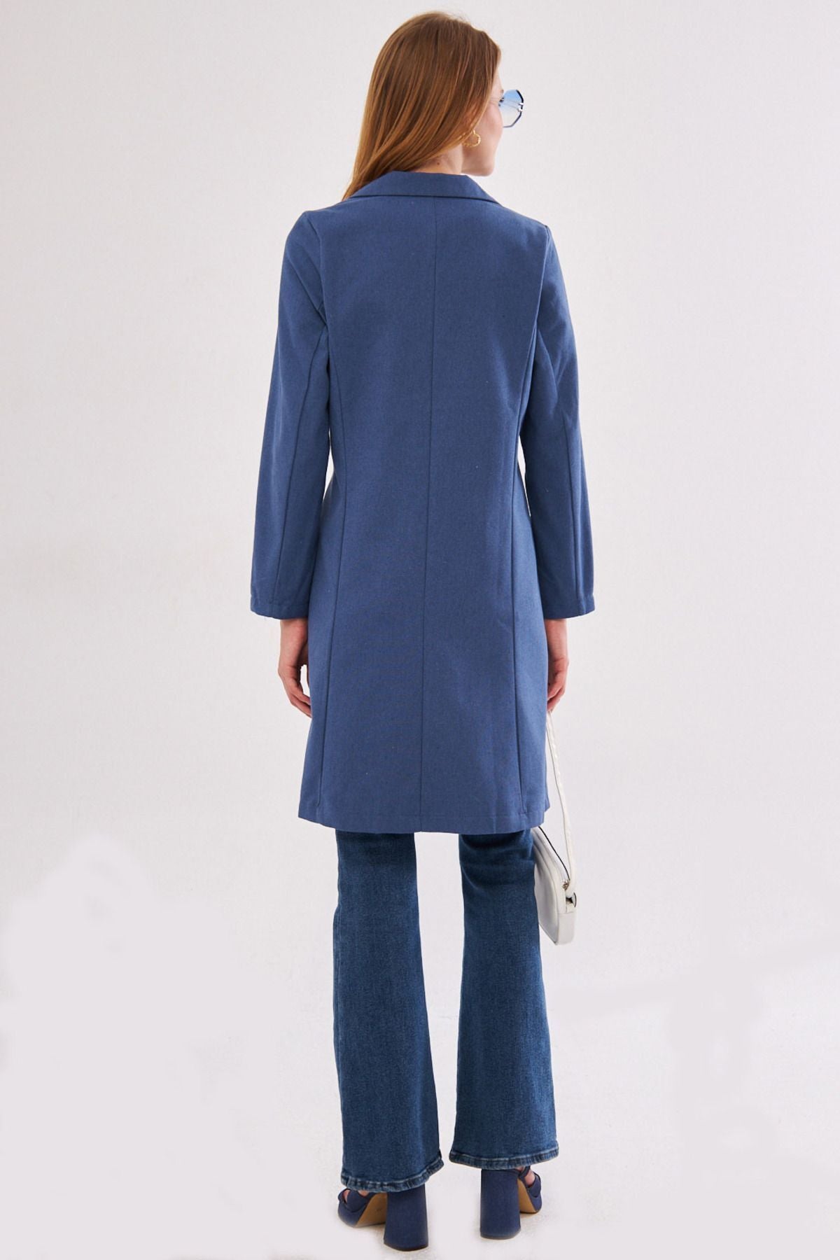 Women's dark blue side tied long coat ARM-24Y001019