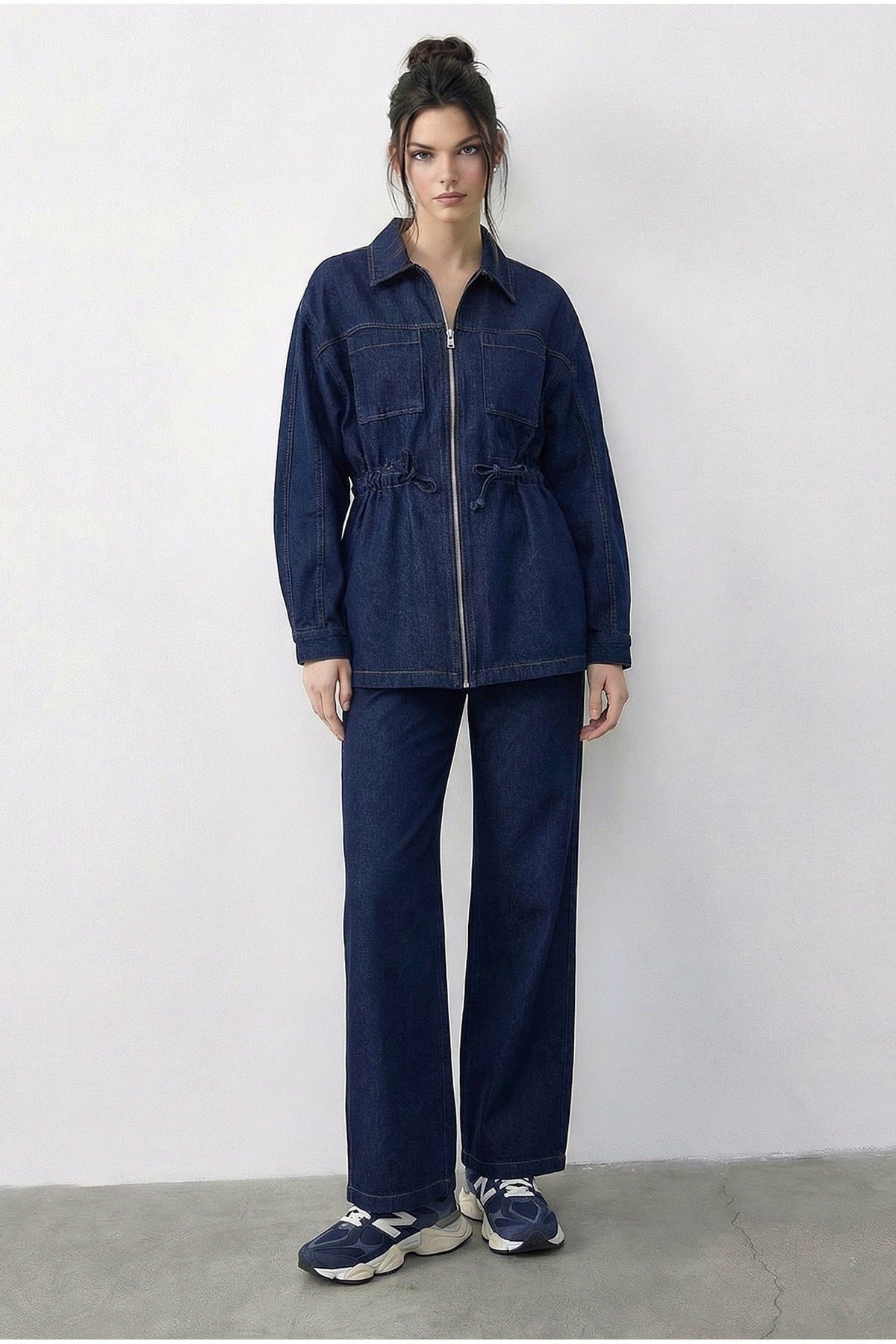 Women's Zippered Waist Tie Pocket Detailed Denim Bottom-Top Set 60597 60286011