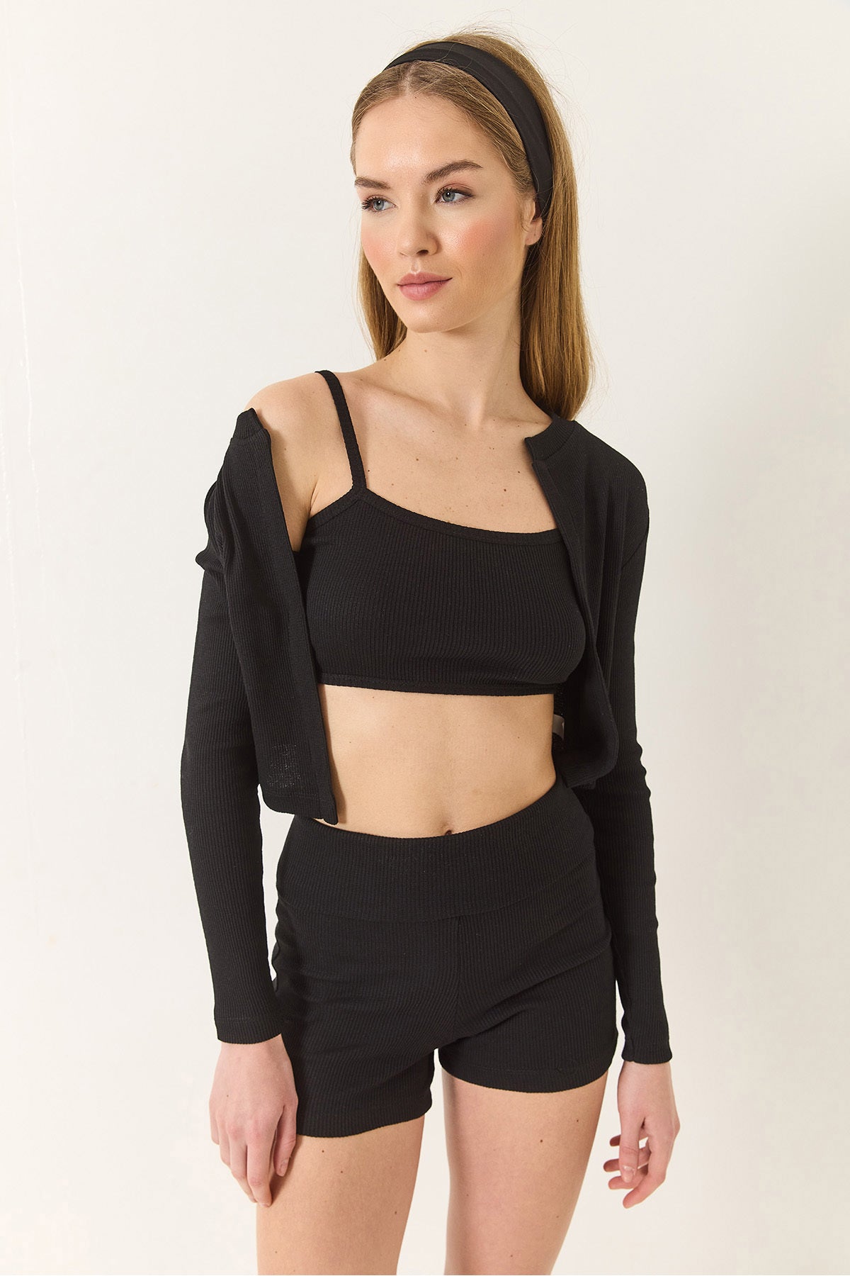 Women's Camisole Thin Strap Crop Cardigan Three Piece Suit with Shorts 60284033