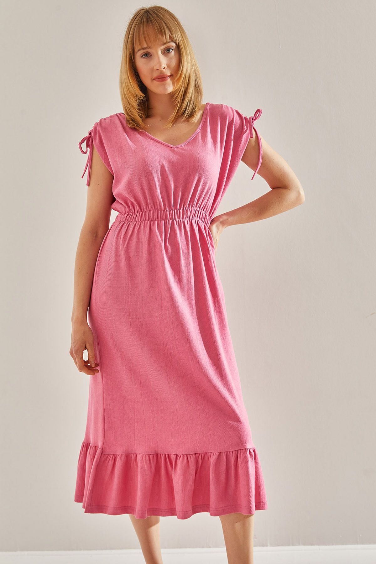 Woman Pink Shoulder and Waist Shirred Skirt Ruffled V -Neck Dress 60251003