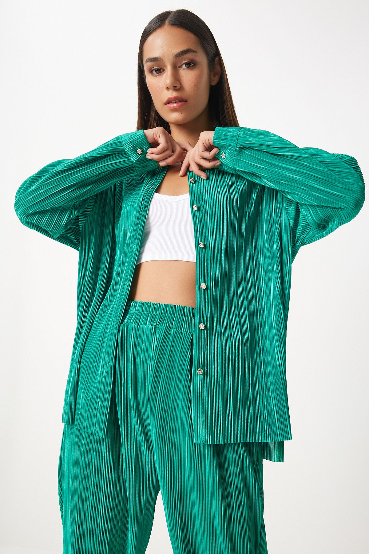 Female Green Stylish Buttoned Filis Pants Pants Set FN03235