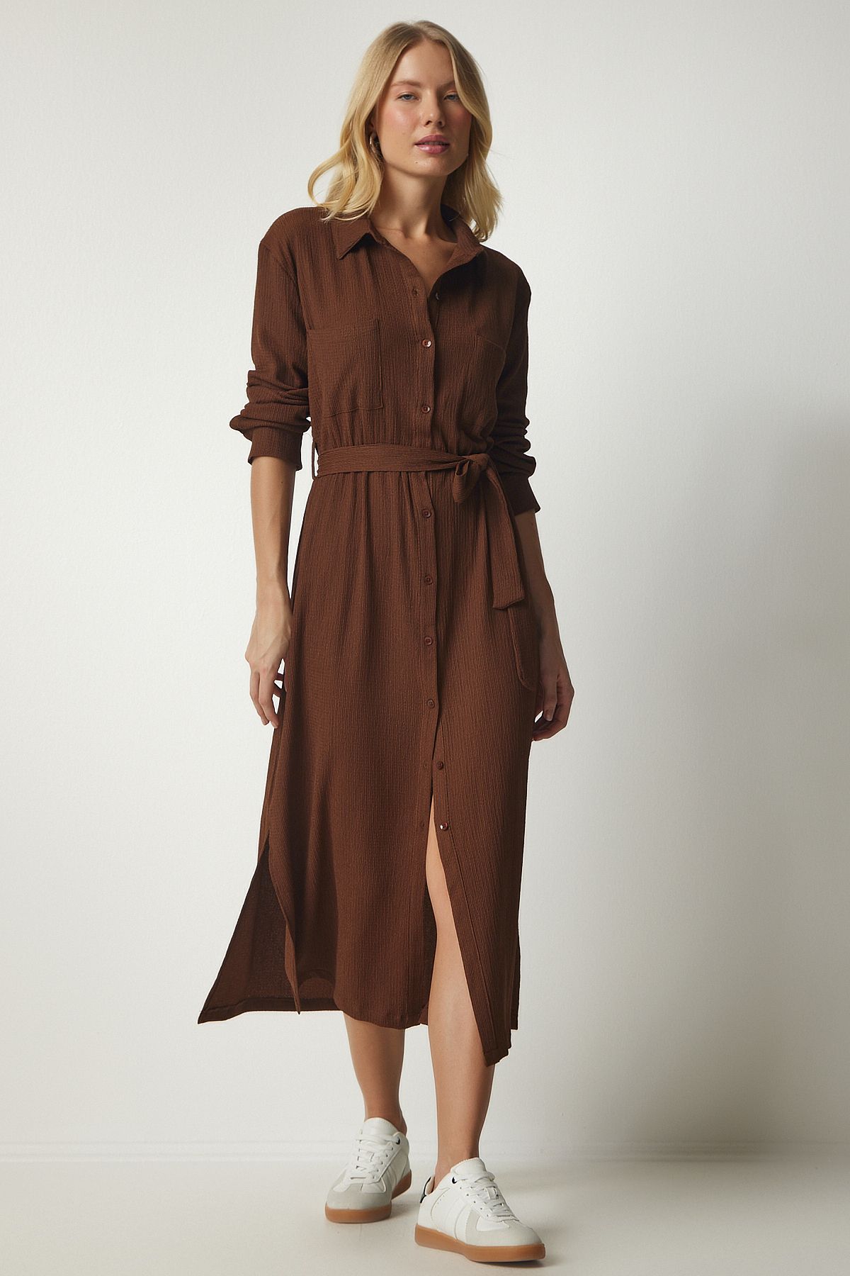 Women's brown belt long shirt dress ub00187
