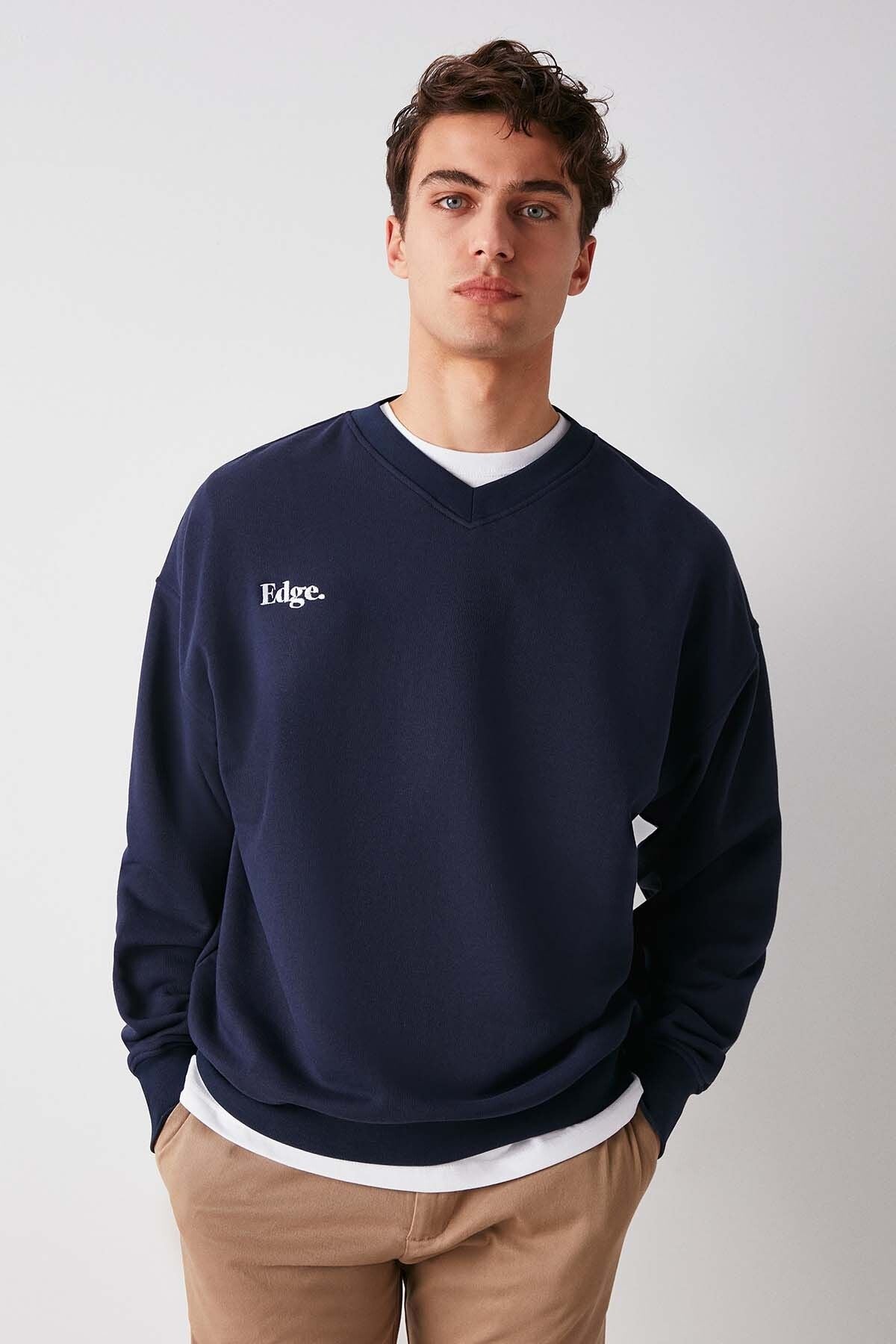 Off Men's V -Neck Writing Embroidered Içi Poleless Navy Blue Sweatshirt