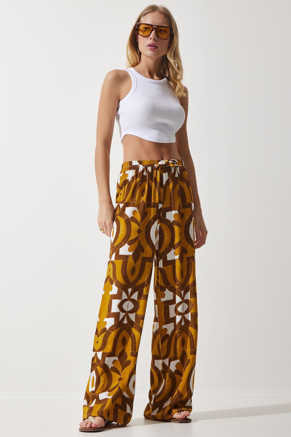 Female mustard patterned draped viscose palazzo pants EN00606