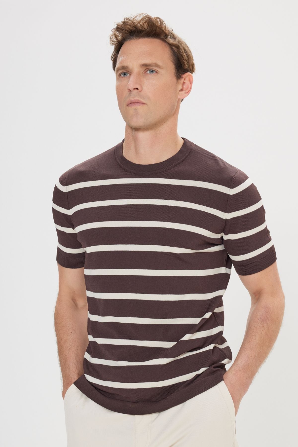 Men's Coffee-Equipment Standard Fit Normal Cut Bicycle Yaka striped knitwear T-shirt