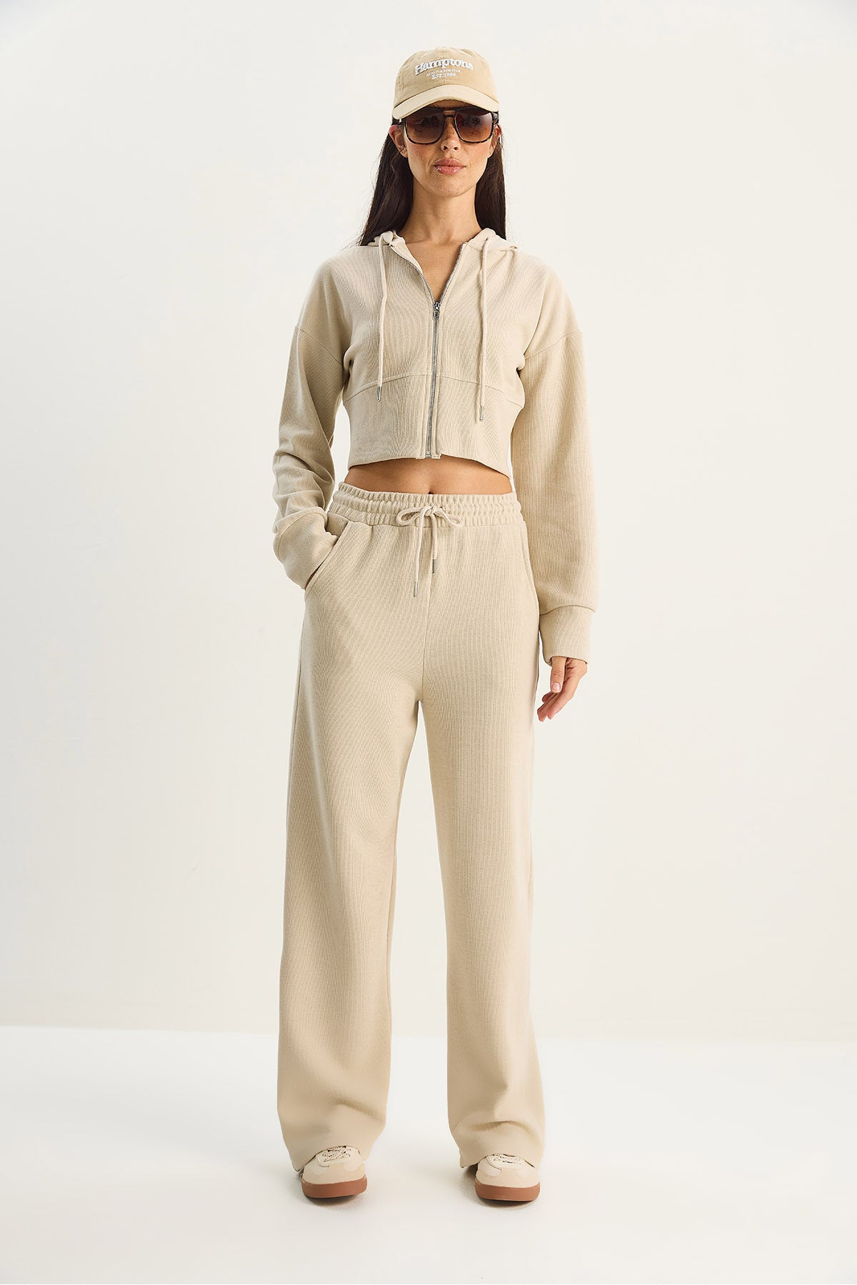 Women's Corduroy Knitted Fabric Comfortable Fit Hooded Zippered Bottom-Top Set 2030 60284064