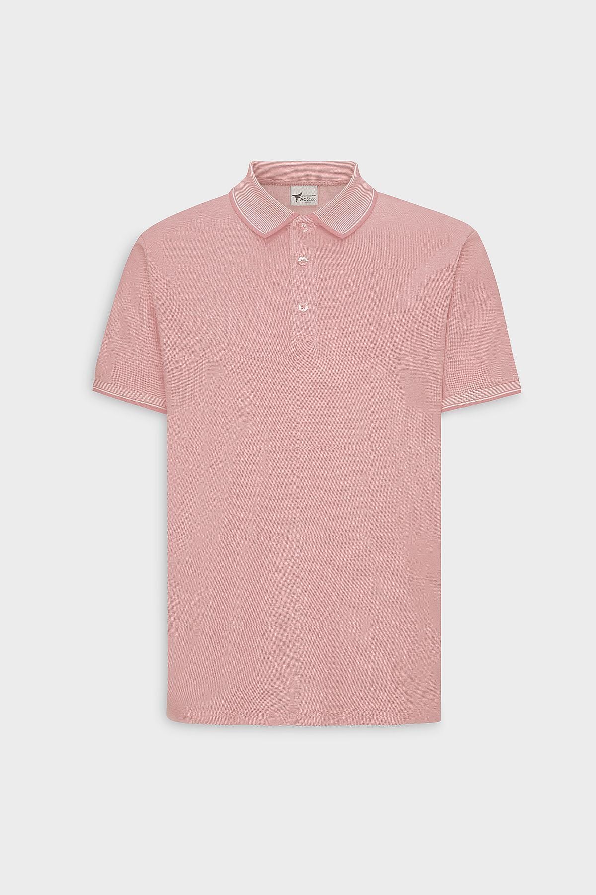 Men-Plugging Cotton Fabric Slim Fit Narrow Cut Pink-White Curlled Polo Yaka T-shirt