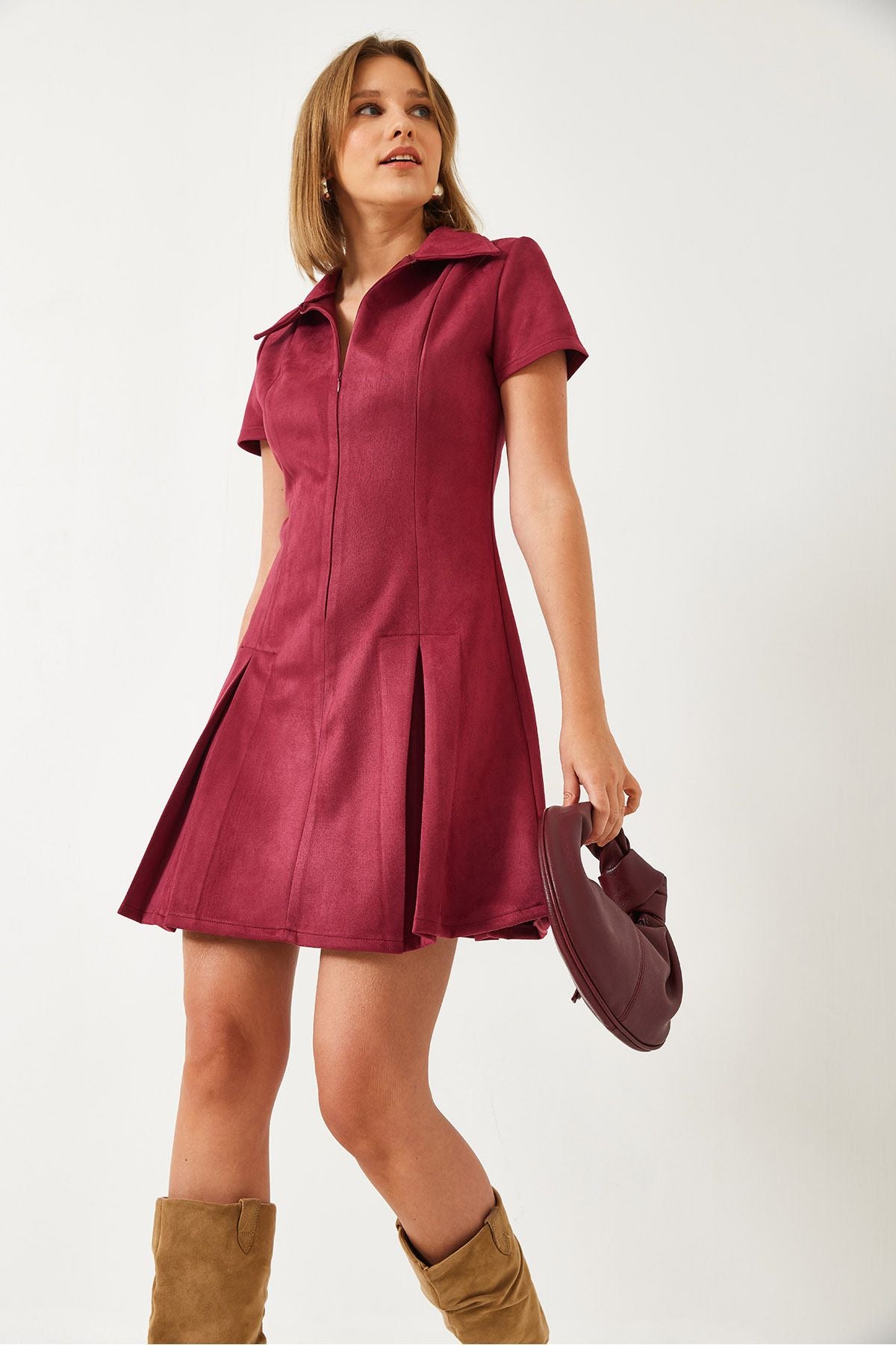 Female Polo Yaka Pleated Suede Dress 60261237