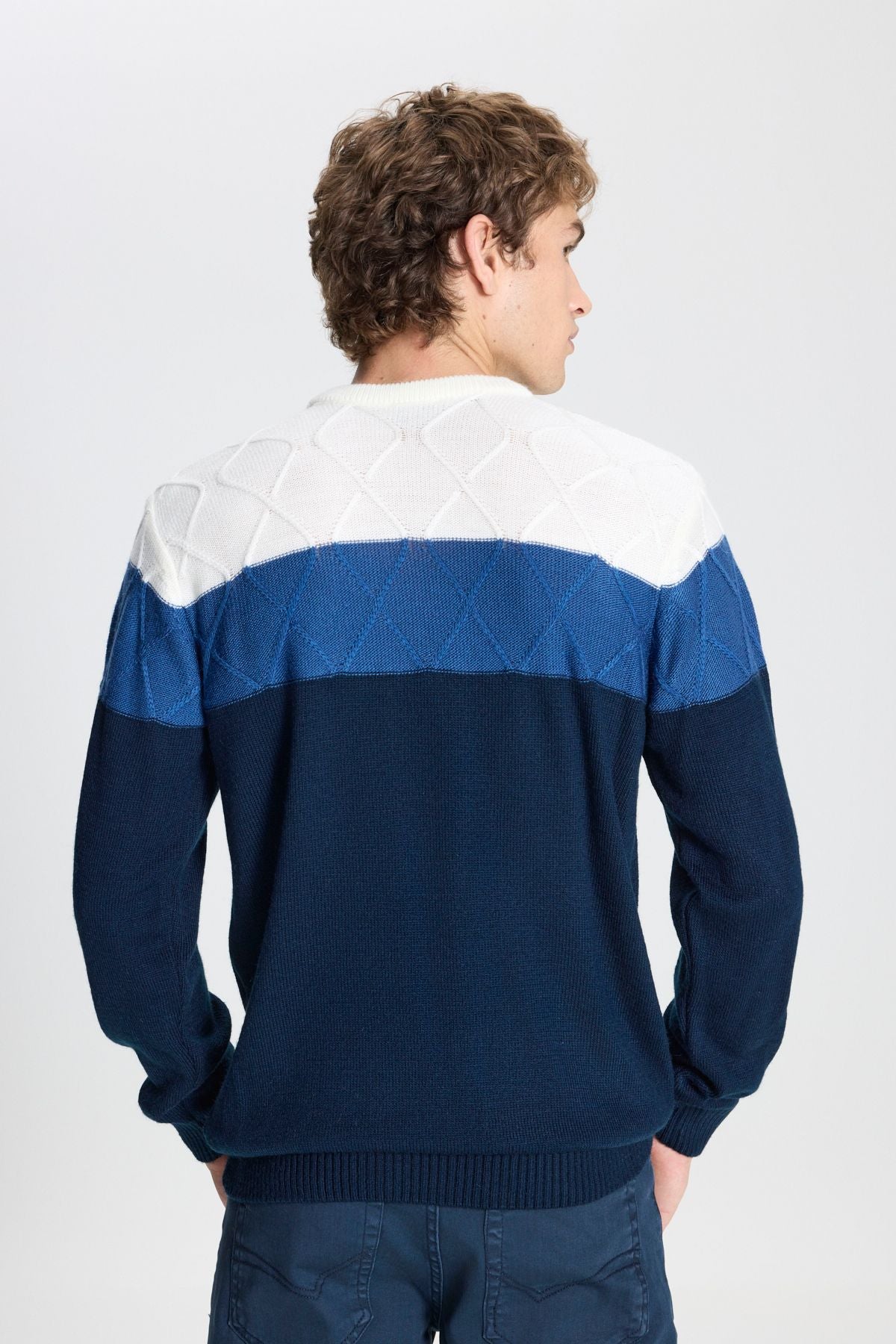 Men's Ecru-Lacı Standard Fit Normal Normal Cut Bicycle Colorblock Patterned Knitwear Kazakh