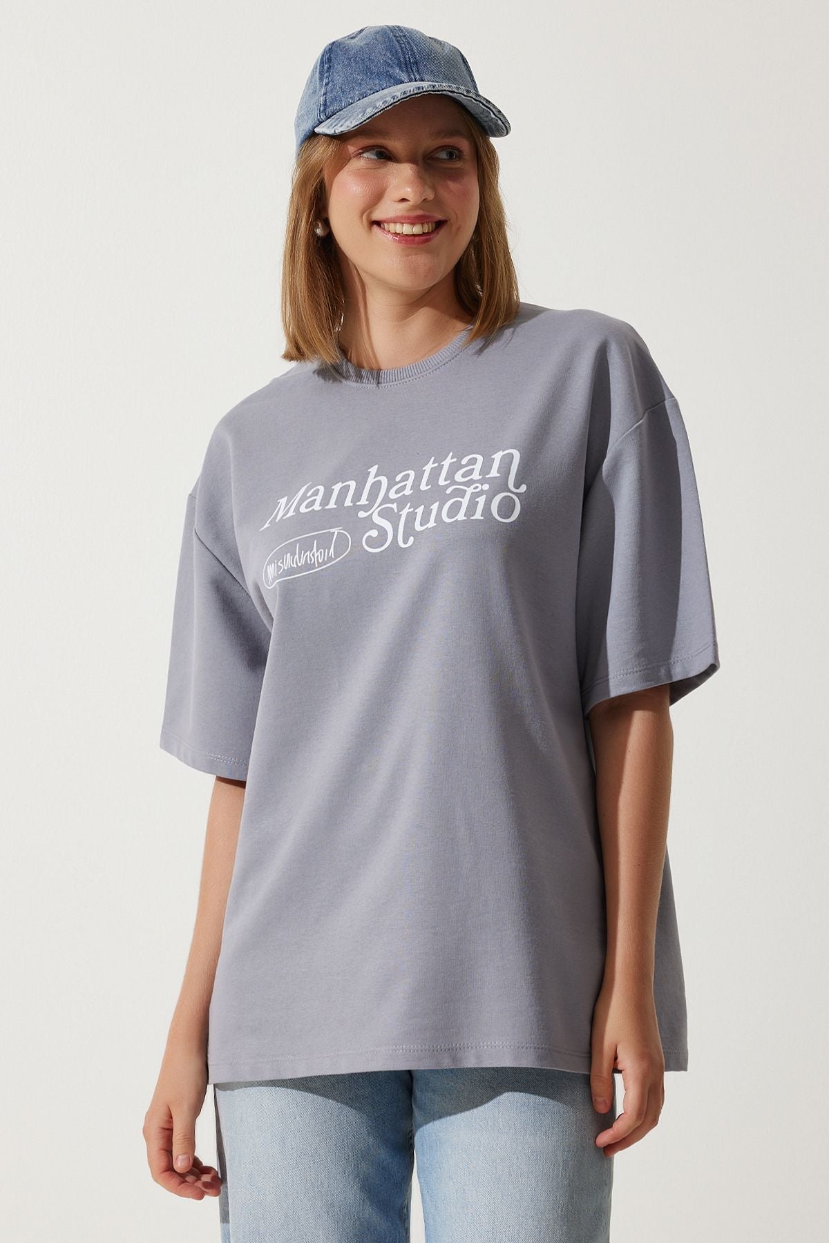 Woman Gray Printed Oversizle Two Yarn Knitting T-Shirt AN00191