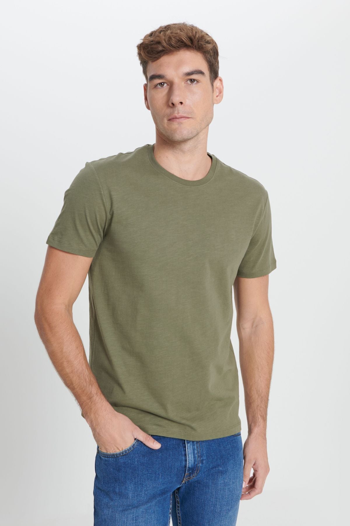 Men's Khaki Slim Fit Narrow Cut 100 %Cotton Bicycle Yaka T -shirt