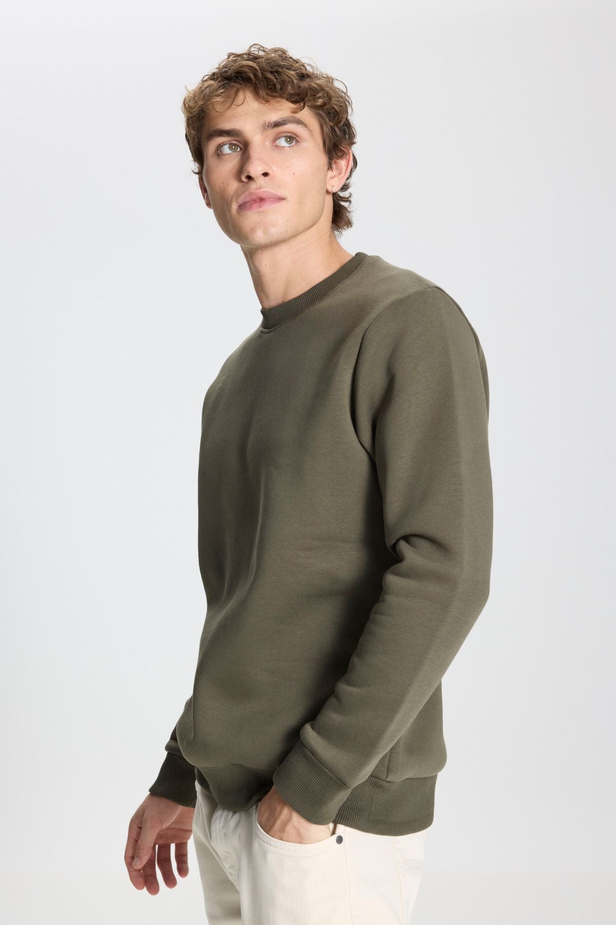 Men's Khaki Standard Fit Normal Cut Içi Polar 3 IP Bicycle collar Cotton Sweatshirt