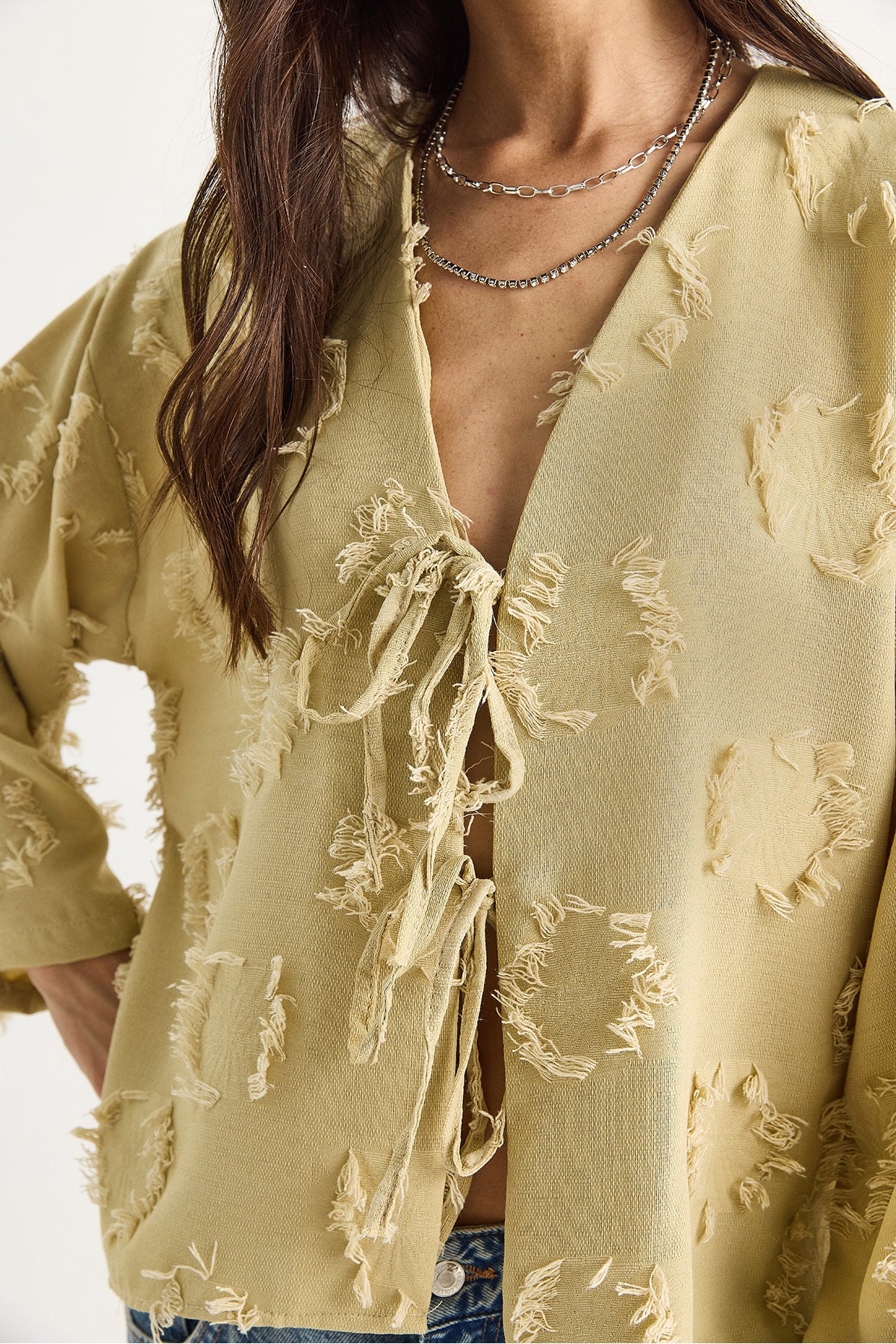 Women's Tie-Front, Self-Embroidered Tasseled Loose Kimono 7012-2 60283410