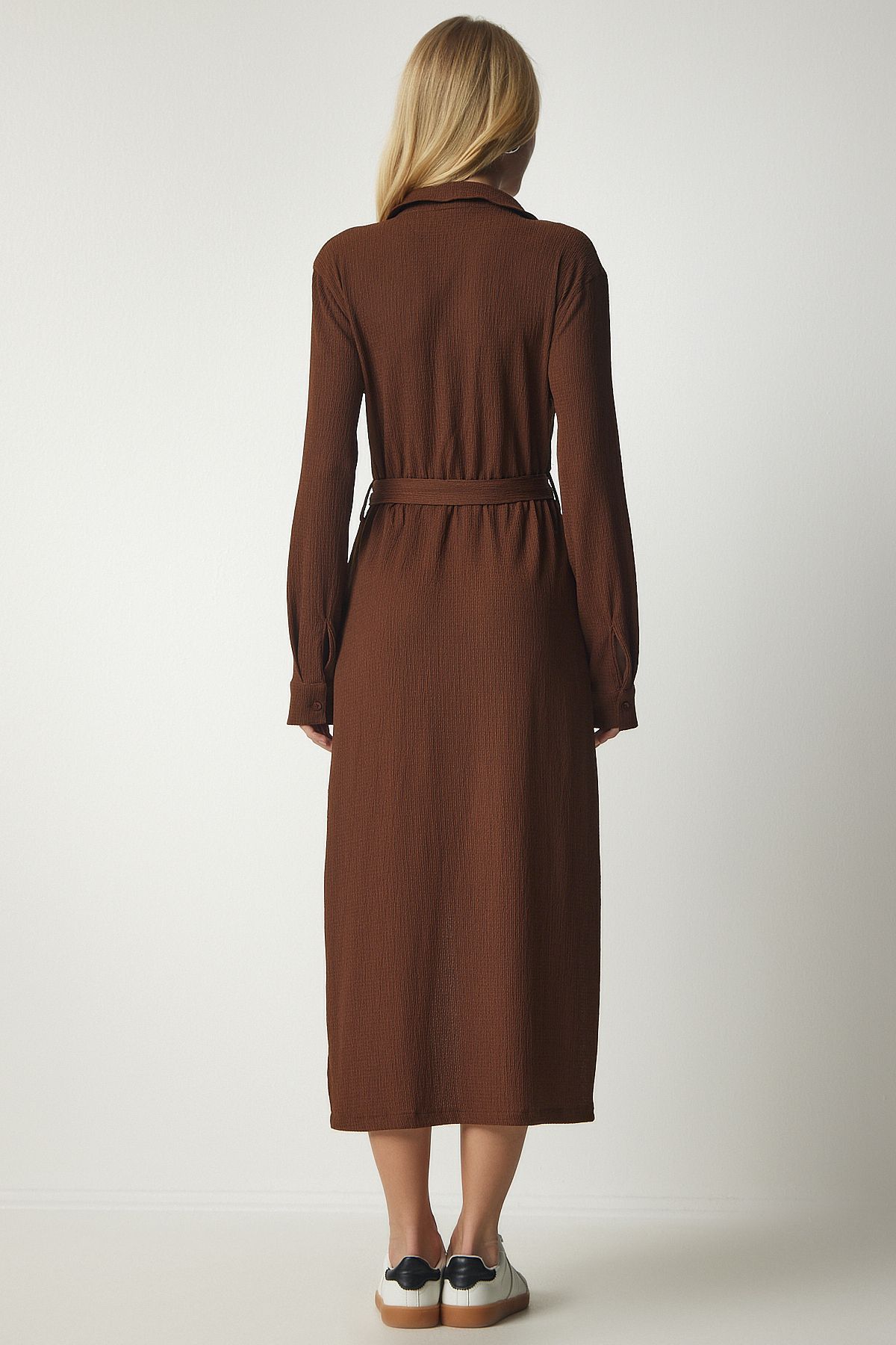 Women's brown belt long shirt dress ub00187