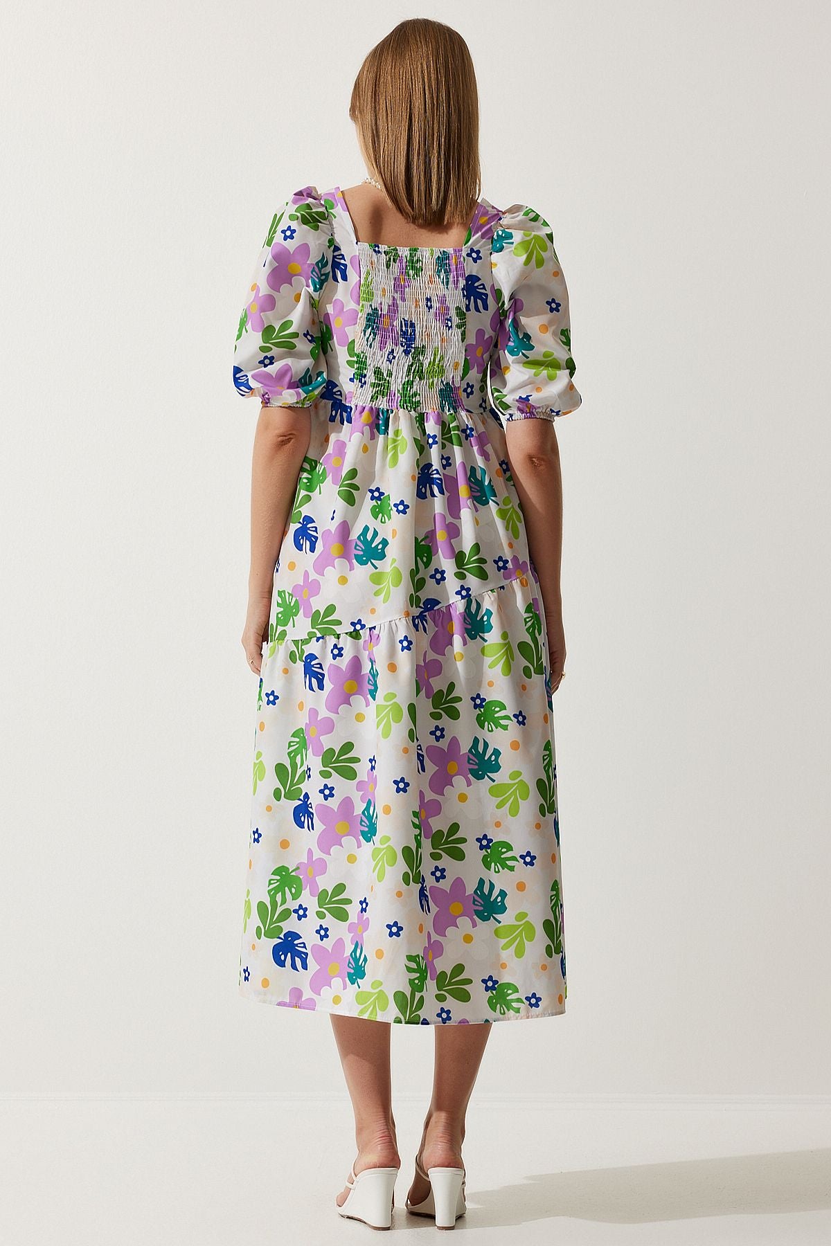 Women's Cream Green Patterned Square Collar Poplin Dress FN03178