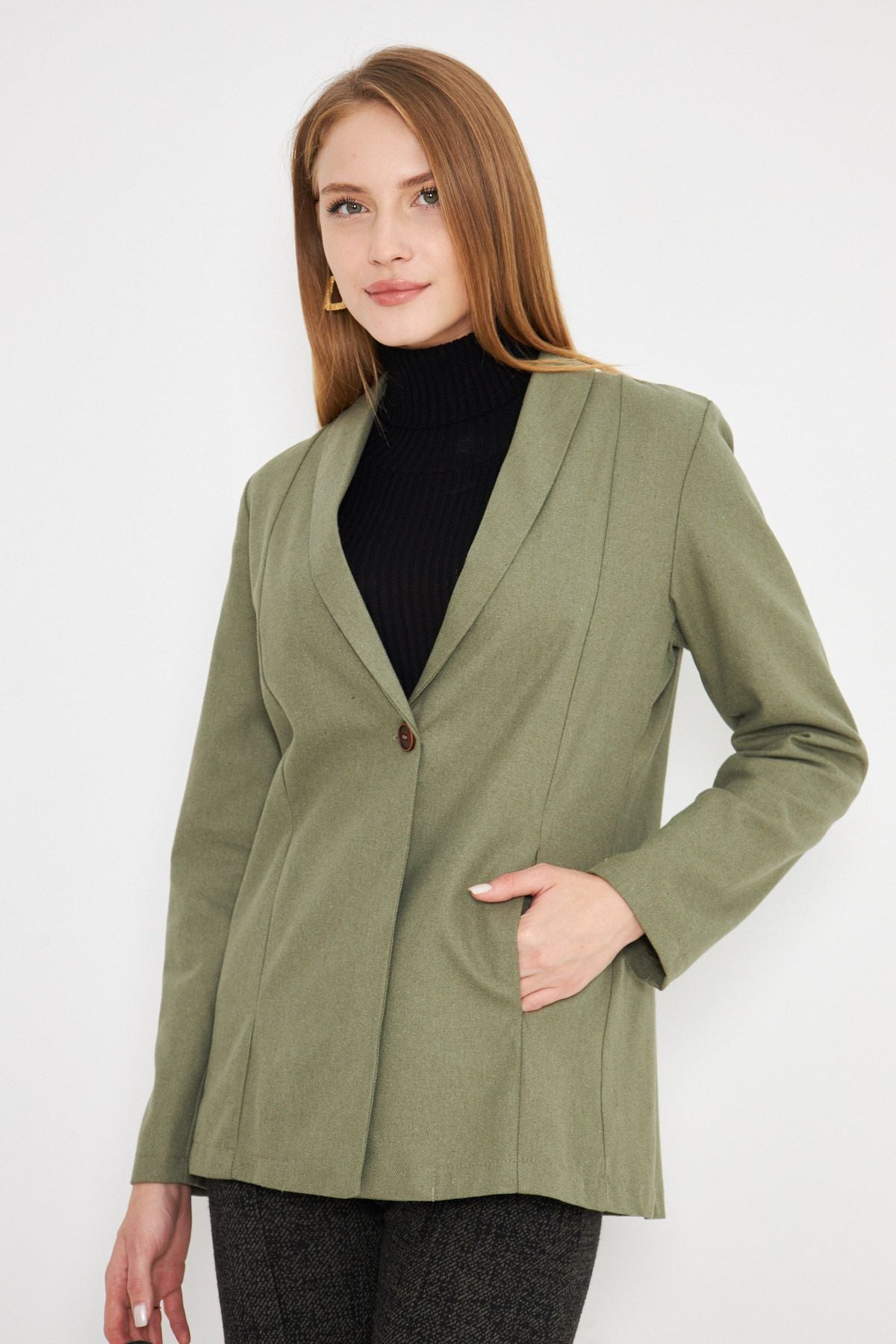 Women's Cagla Green Shawl Bel Bel Sitting Pocket Detail Single Button Jacket ARM-25K001031