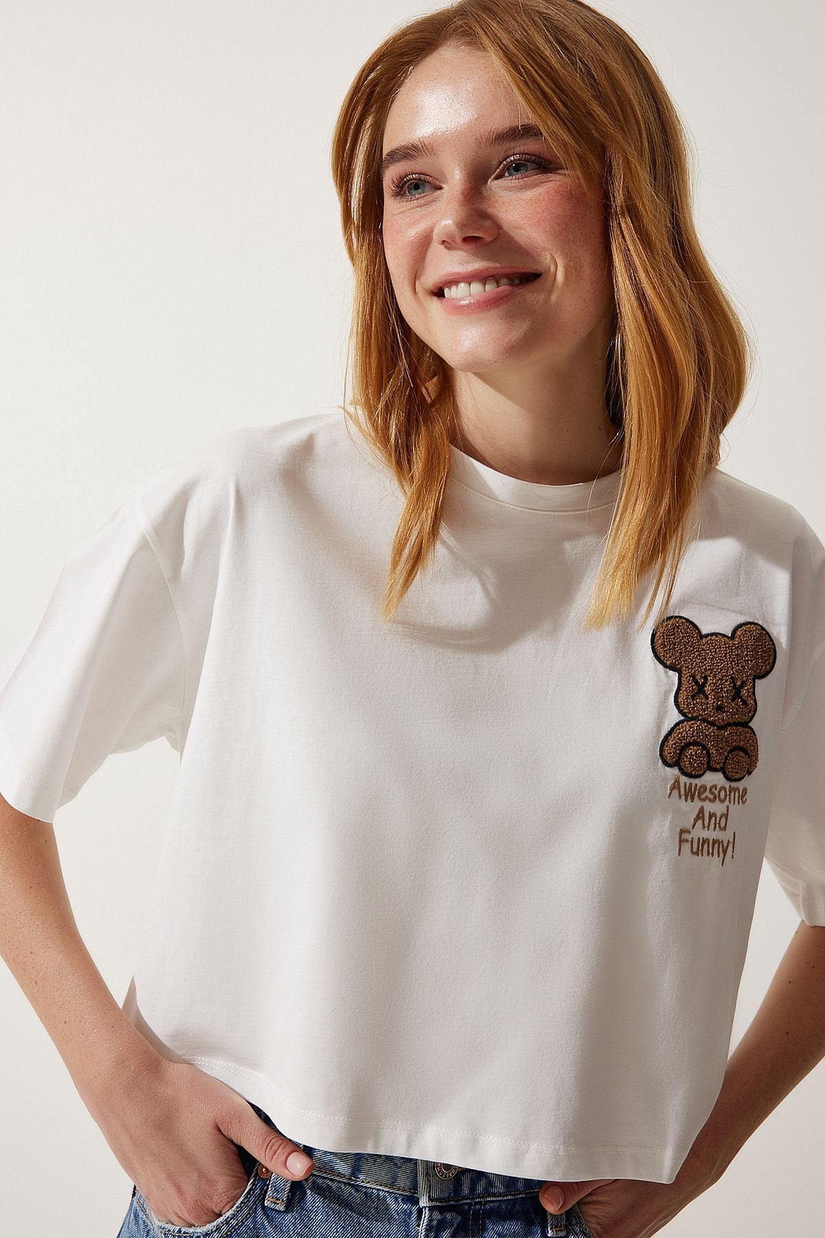 Female ecru teddy bear arms Crop knitting T-shirt HF00455