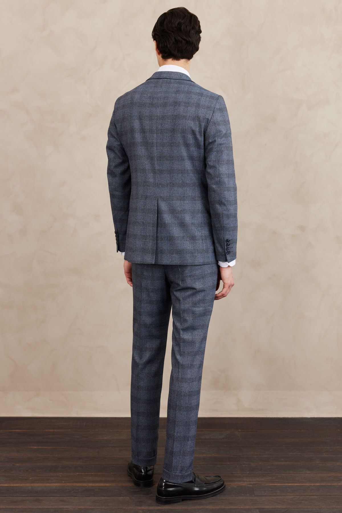 Men's Blue Slim Fit Narrow Cut Mono Yaka Ekose Patterned Double Pants Suit Suit