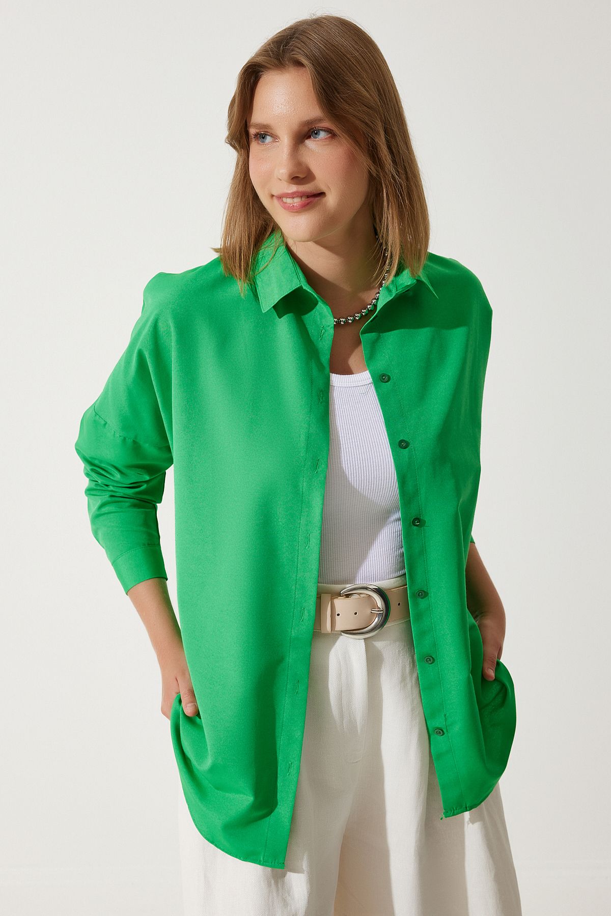 Kadın Koyu Yeşil Oversize Uzun Basic Gömlek  DD00842